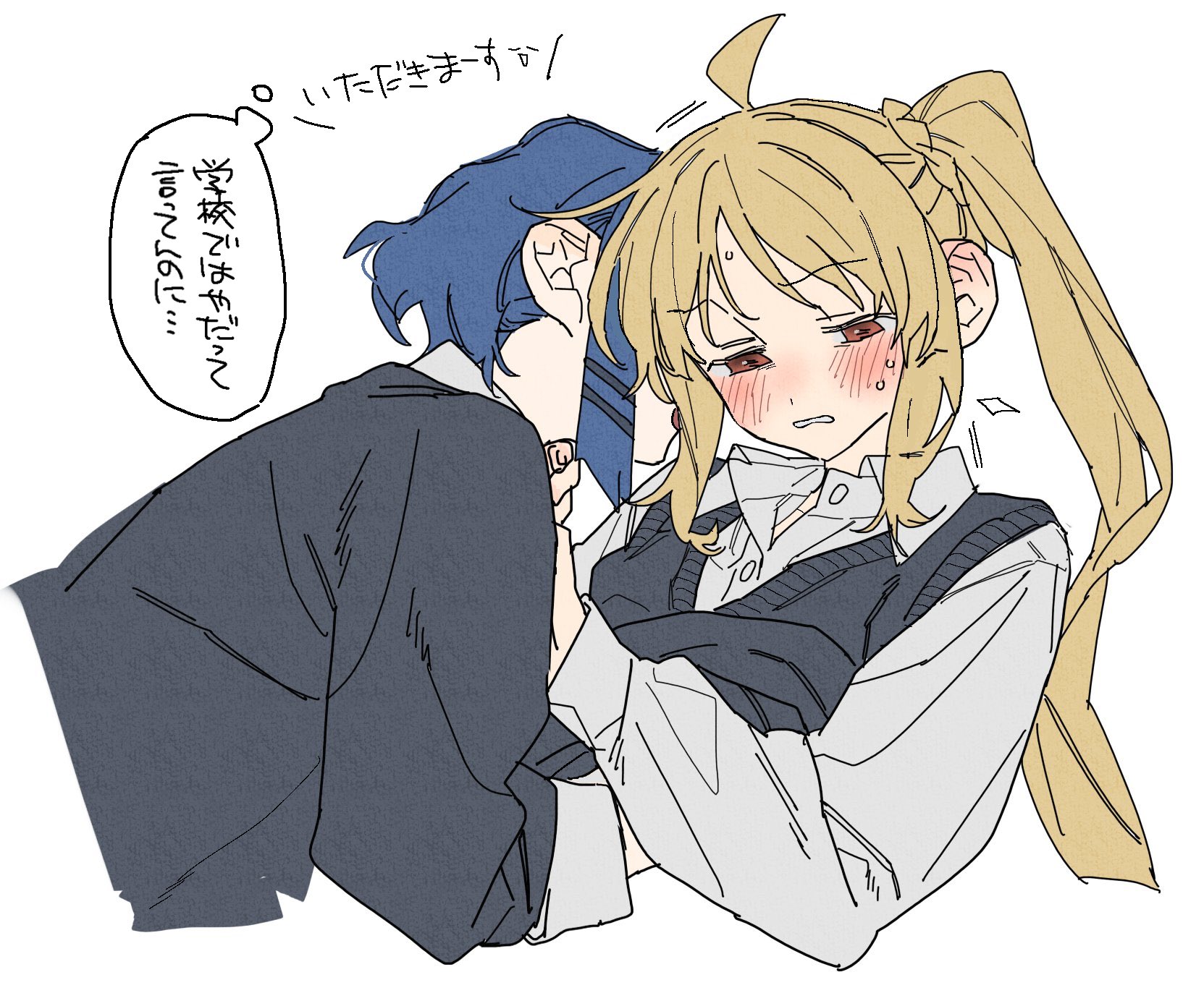 dayama, ijichi nijika, yamada ryo, bocchi the rock!, commentary request, highres, translation request, 2girls, black sweater, black sweater vest, blonde hair, blue hair, blush, long hair, long sleeves, multiple girls, open mouth, red eyes, shirt, short hair, side ponytail, simple background, speech bubble, sweat, sweater, sweater vest, thought bubble, white background, white shirt, yuri