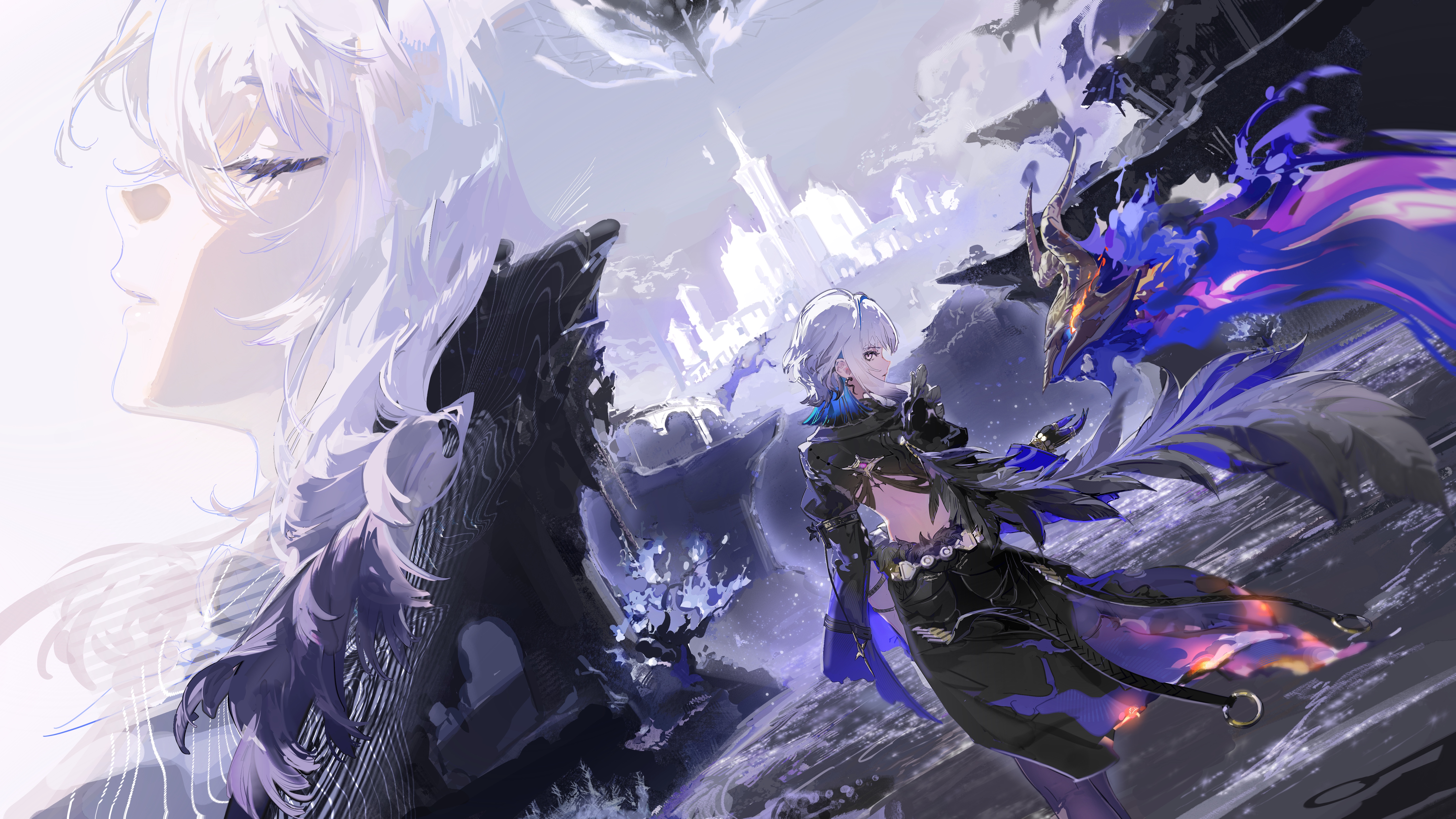 rafaelaaa, galbrena (wuthering waves), wuthering waves, absurdres, highres, 1girl, black jacket, black wings, blue hair, breasts, closed eyes, cropped jacket, dutch angle, feathered wings, from behind, grey hair, hand up, jacket, looking at viewer, looking back, medium breasts, missing commentary, multiple views, mutation, outdoors, profile, sideways glance, single wing, solo, tacet discord (wuthering waves), tacet mark (wuthering waves), wings