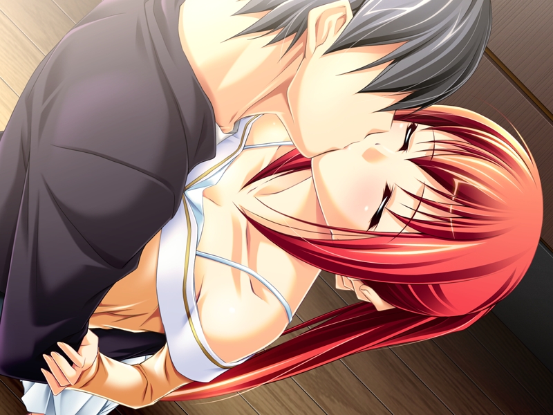ichikawa noa, kiryuu hayato, kiryuu yuzuha, inraku no ketsuzoku, game cg, 1boy, 1girl, black hair, breasts, brother and sister, cleavage, closed eyes, hetero, incest, kiss, long hair, ponytail, red hair, short hair, siblings