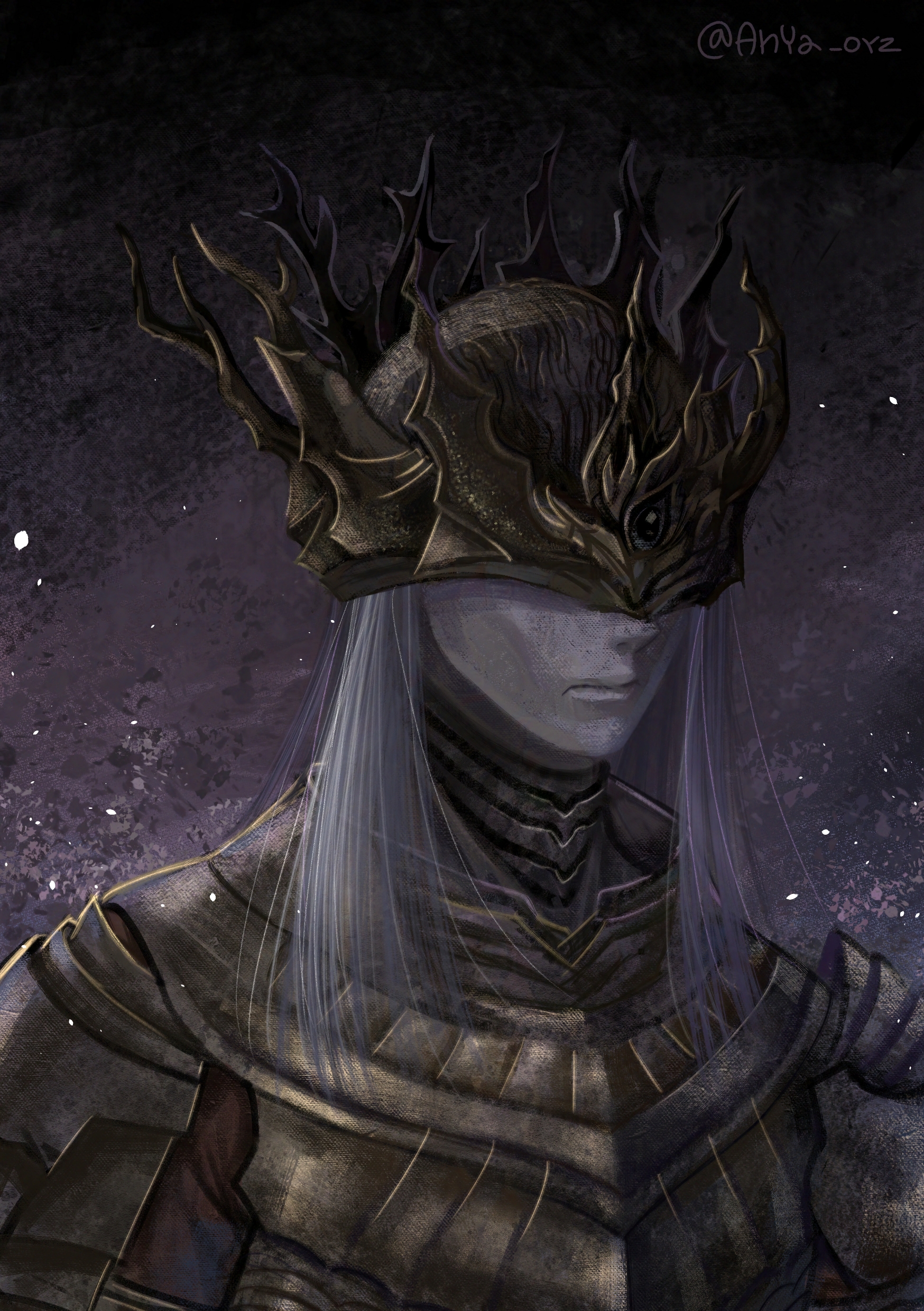 anya orz, lorian (elder prince), dark souls (series), dark souls iii, absurdres, commentary, english commentary, highres, 1boy, armor, artist name, black background, closed mouth, covered eyes, crown, inktober, long hair, male focus, pale skin, purple background, solo, twitter username, two-tone background, upper body, white hair