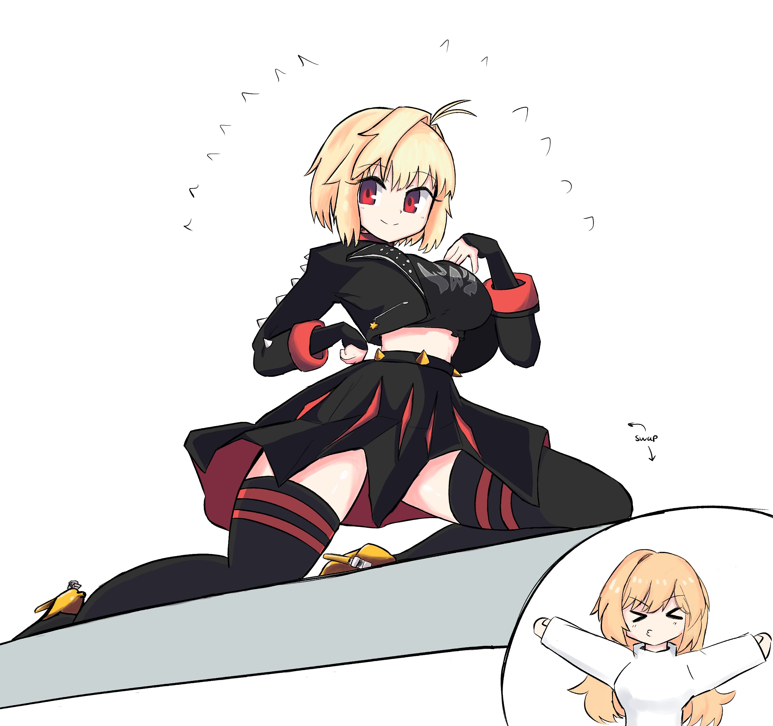 arcueid brunestud, burnice white, tsukihime, tsukihime (remake), zenless zone zero, absurdres, highres, 2girls, alternate costume, arcueid brunestud (cosplay), arm behind head, arm up, black jacket, blush, breasts, burnice white (cosplay), cleavage, closed eyes, cosplay, crop top, cropped jacket, hair between eyes, jacket, long hair, long sleeves, looking at viewer, medium breasts, multiple girls, navel, red eyes, red hair, skindentation, smile, stomach, suw0, thighhighs, twintails, white background