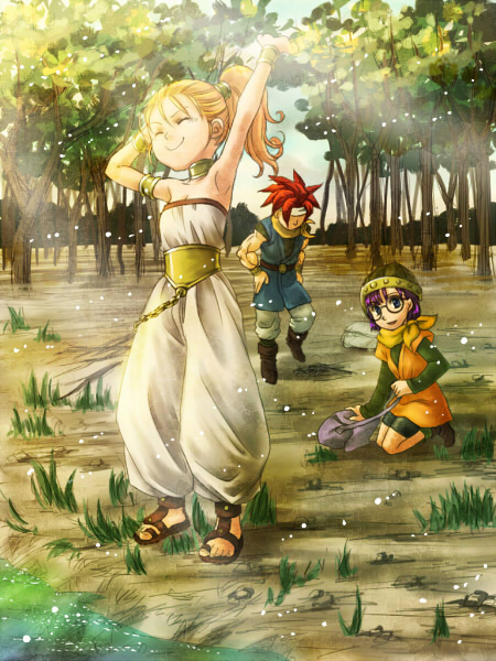 toku (apple), crono (chrono trigger), lucca ashtear, marle (chrono trigger), chrono (series), chrono trigger, 1990s (style), 2girls, armpits, bag, baggy pants, bandana, bike shorts, blonde hair, closed eyes, glasses, helmet, jewelry, multiple girls, pants, purple hair, sandals, smile, stretching, toe ring