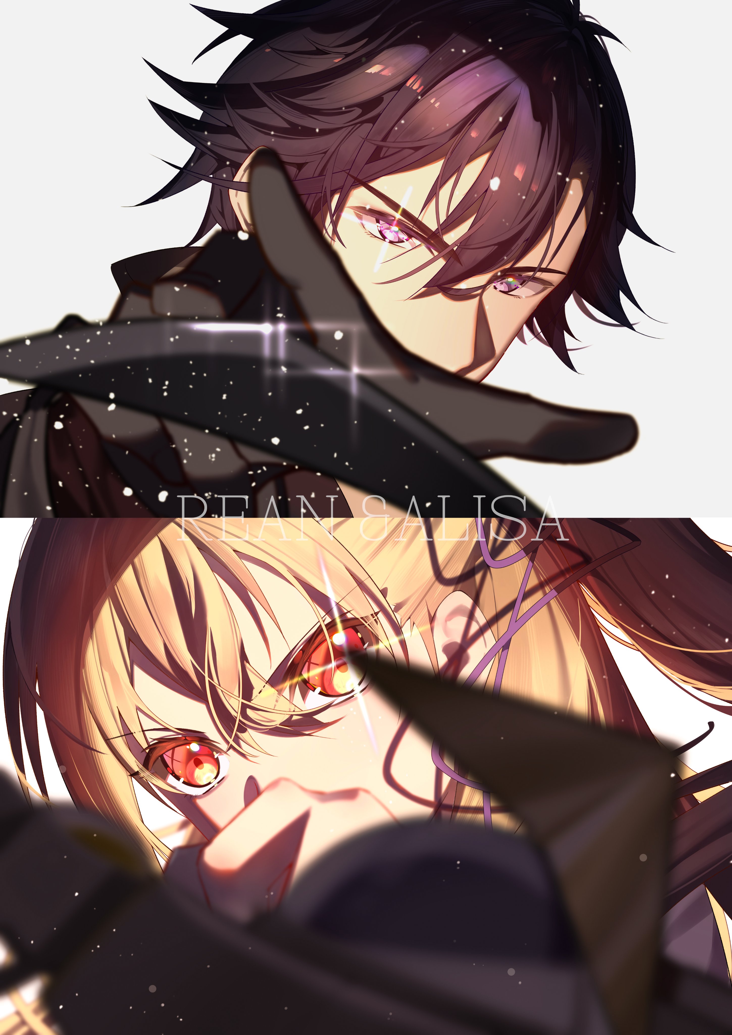 alisa reinford, rean schwarzer, eiyuu densetsu, sen no kiseki, sen no kiseki (series), sen no kiseki iii, absurdres, highres, 1boy, 1girl, black gloves, black hair, blonde hair, close-up, crossed bangs, double-parted bangs, english text, gloves, grey background, hair between eyes, izkasuzu, purple eyes, red eyes, simple background