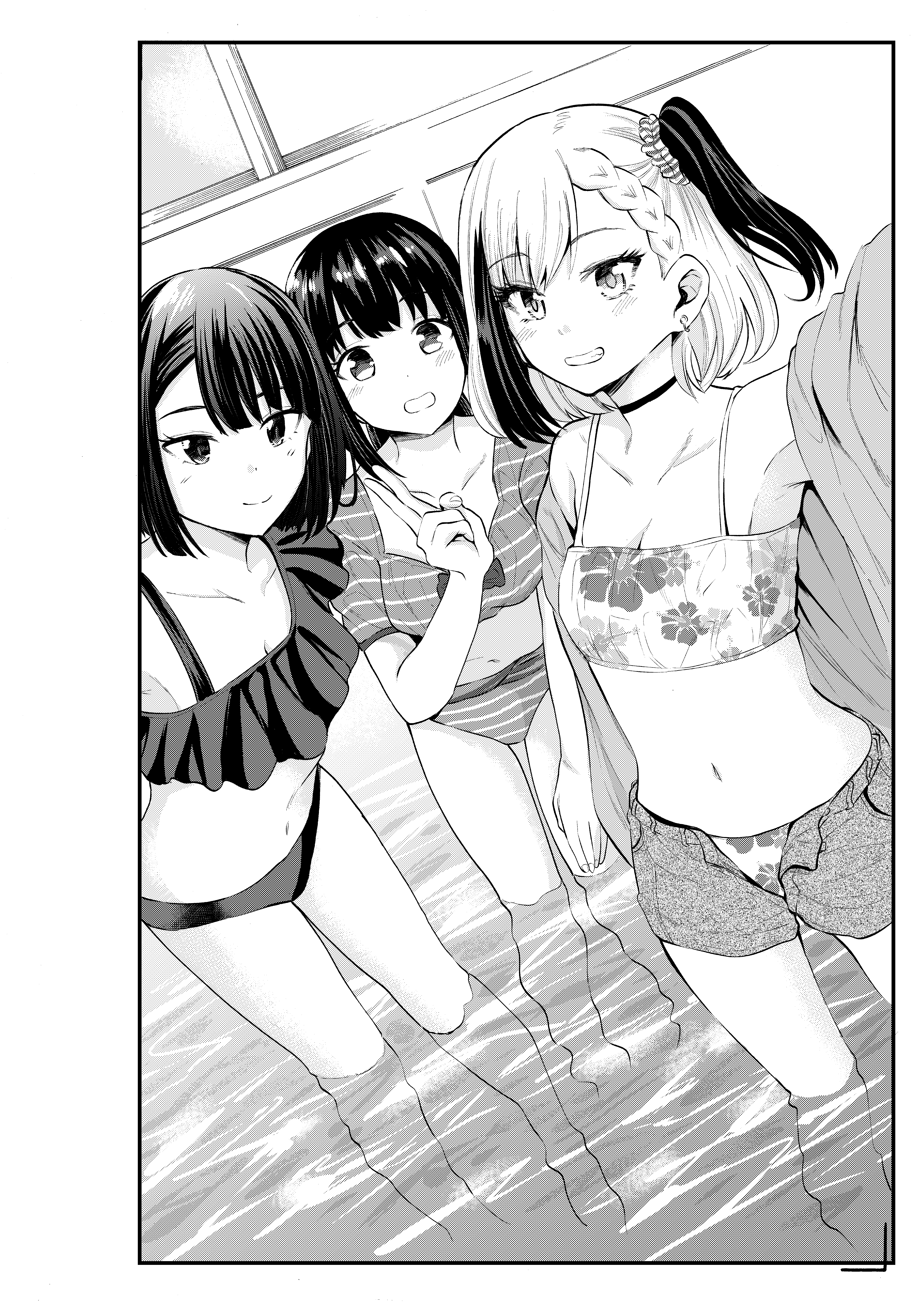 nyankosisyou, original, absurdres, commentary request, highres, 3girls, armpits, bikini, bikini bottom under shorts, bikini under clothes, braid, braided bangs, breasts, choker, cleavage, closed mouth, collarbone, earrings, floral print, floral print bikini, frilled bikini, frills, greyscale, grin, hair ornament, hair scrunchie, jewelry, monochrome, multicolored hair, multiple girls, navel, one side up, open clothes, open fly, open shorts, print bikini, scrunchie, short hair, short shorts, shorts, smile, split mouth, stomach, streaked hair, striped bikini, striped clothes, striped scrunchie, swimsuit, thighhighs, wading, water
