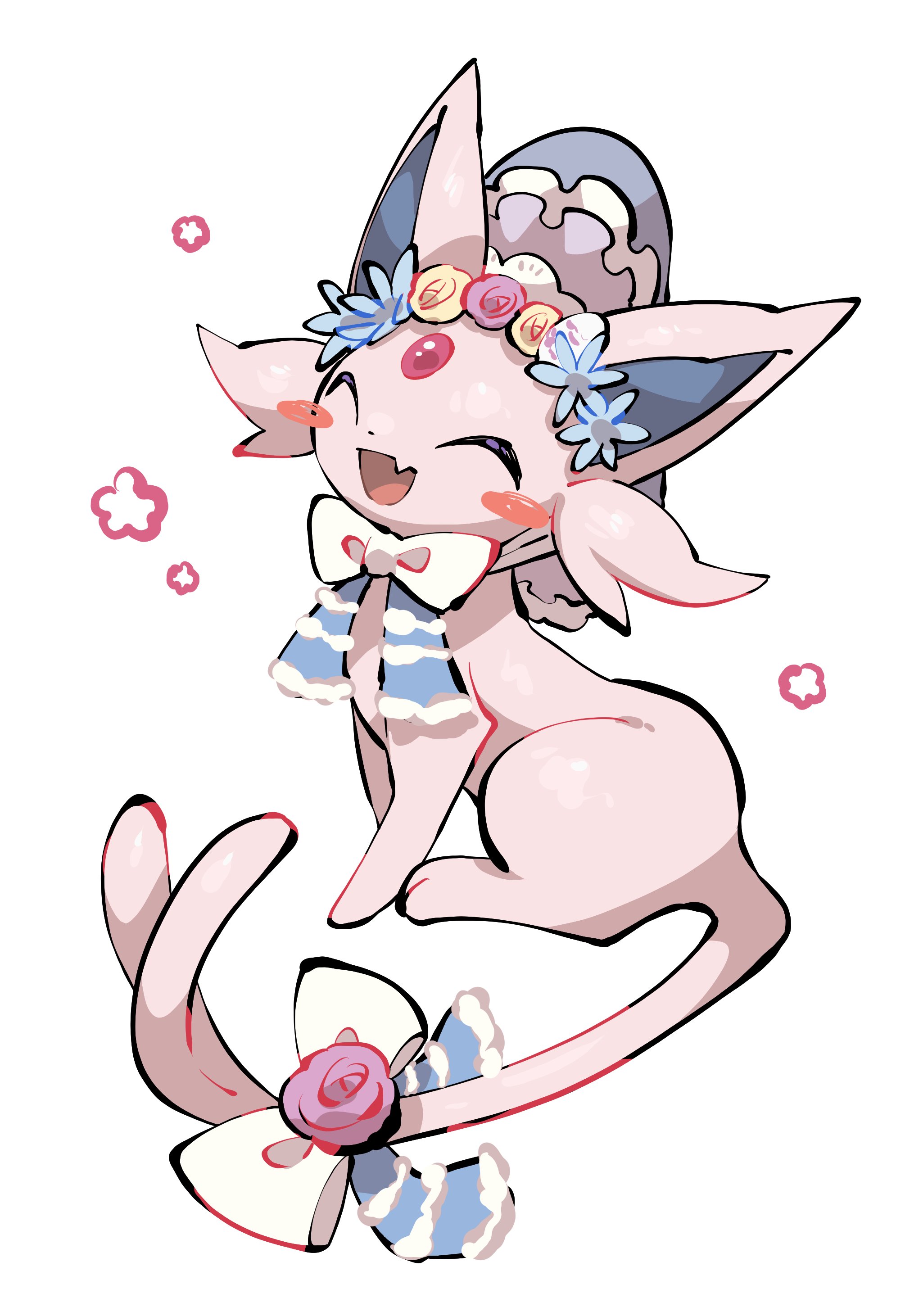 yumeminoideyu2, espeon, espeon (botanical easter), nintendo, pokemon, absurdres, highres, 1other, :d, animal focus, blush stickers, bonnet, bow, closed eyes, easter, easter egg, egg, fang, flower, flower hairband, forehead jewel, forked tail, frilled bonnet, frills, full body, gen 2 pokemon, no humans, open mouth, pokemon (creature), pokemon focus, purple bonnet, purple flower, purple fur, purple rose, rose, simple background, sitting, skin fang, smile, solo, tail, tail bow, tail flower, tail ornament, white background, white bow, yellow flower, yellow rose