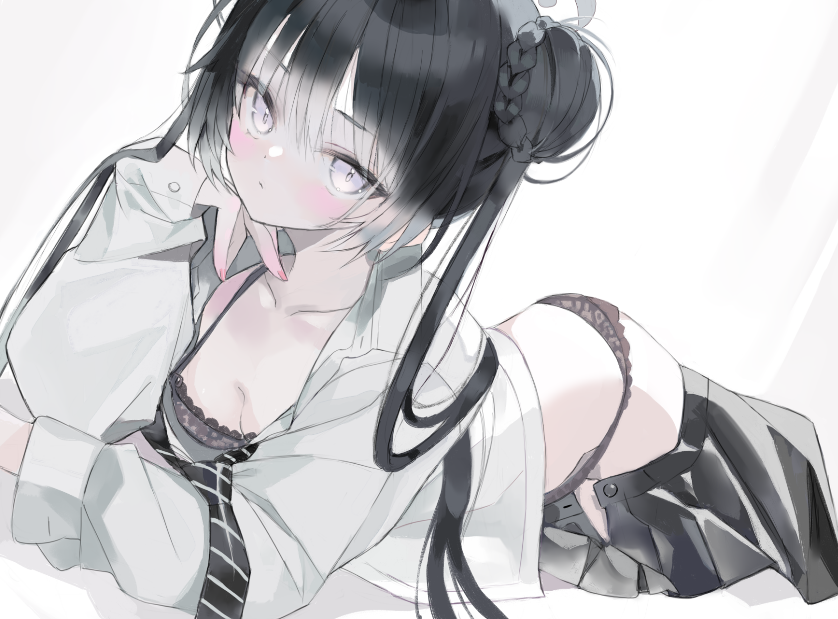 kisaki (blue archive), kisaki (school uniform) (blue archive), blue archive, highres, 1girl, black bra, black hair, black necktie, black panties, black skirt, blush, bra, braid, breasts, bun with braided base, buttons, cleavage, closed mouth, clothes pull, diagonal-striped clothes, diagonal-striped necktie, double bun, dutch angle, elbow rest, expressionless, grey halo, hair bun, halo, head rest, lace, lace bra, lace panties, lingerie, long hair, long sleeves, looking at viewer, lying, marant38, necktie, on stomach, open clothes, open fly, open shirt, panties, partially undressed, petite, pleated skirt, school uniform, shirt, simple background, skirt, skirt pull, small breasts, solo, spaghetti strap, striped clothes, twintails, unbuttoned, underwear, white background, white eyes, white shirt