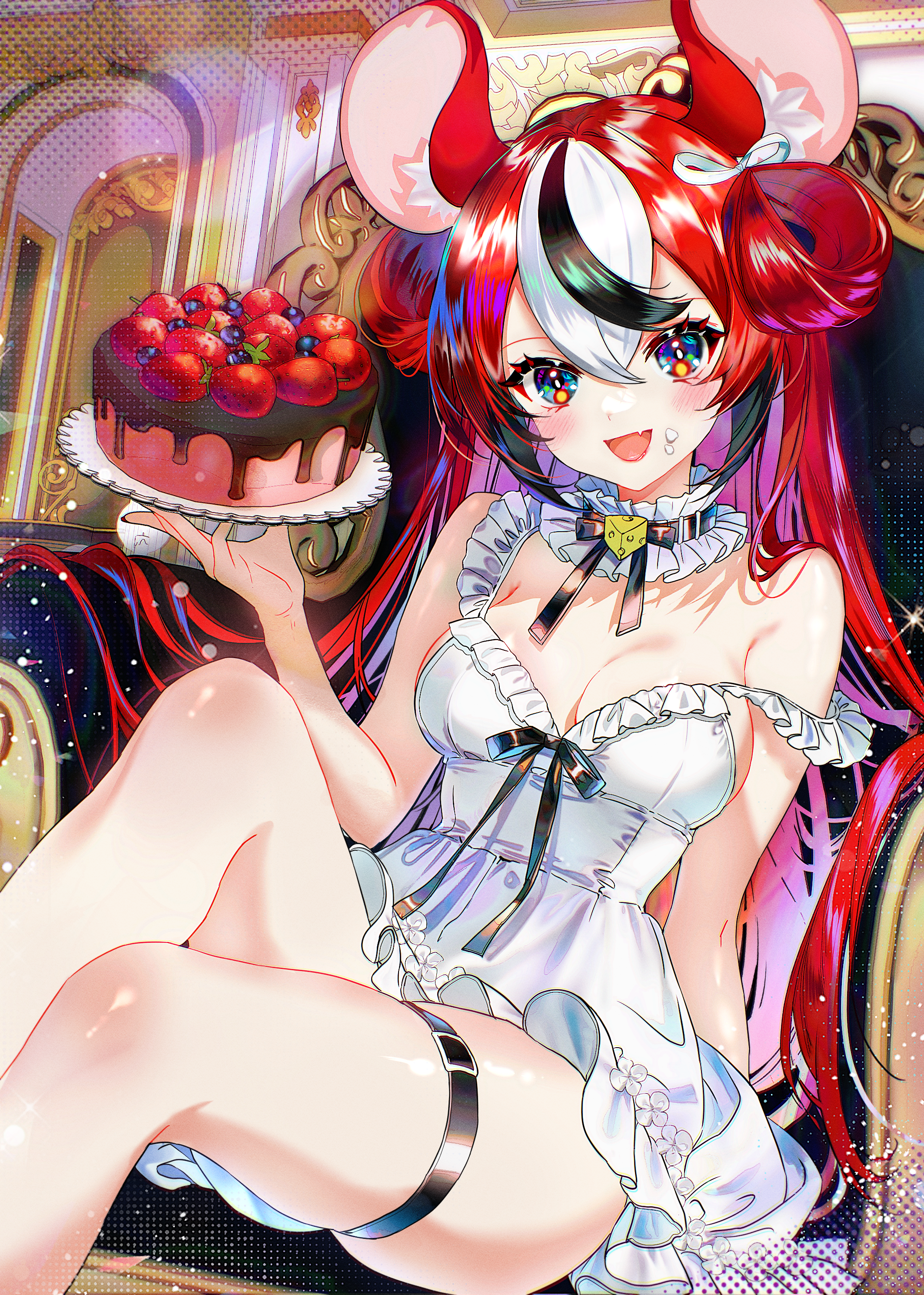 sowon, hakos baelz, hololive, hololive english, absurdres, highres, 1girl, :d, alternate costume, alternate hairstyle, animal ears, belt, black hair, blue eyes, breasts, cake, chair, colored tips, crossed bangs, detached collar, double-parted bangs, dress, fang, food, food on face, frilled dress, frills, hair between eyes, hair rings, hand up, holding, holding cake, holding food, indoors, knee up, long hair, looking at viewer, medium breasts, mouse ears, mouse girl, multicolored hair, on chair, open mouth, red hair, short dress, sitting, skin fang, sleeveless, sleeveless dress, smile, solo, strap slip, streaked hair, thigh belt, thigh strap, very long hair, virtual youtuber, white dress, white hair