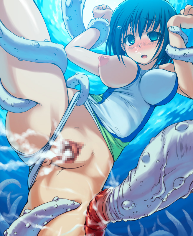 bosshi, koshoksyu, original, 1girl, asphyxiation, bad end, blue eyes, blue hair, blush, breasts, breasts out, bubble, censored, clothing aside, competition swimsuit, cum, cum in pussy, drowning, empty eyes, female focus, large breasts, matching hair/eyes, one-piece swimsuit, pussy, restrained, slime (substance), solo, swimsuit, swimsuit aside, tentacles, underwater, vaginal, water