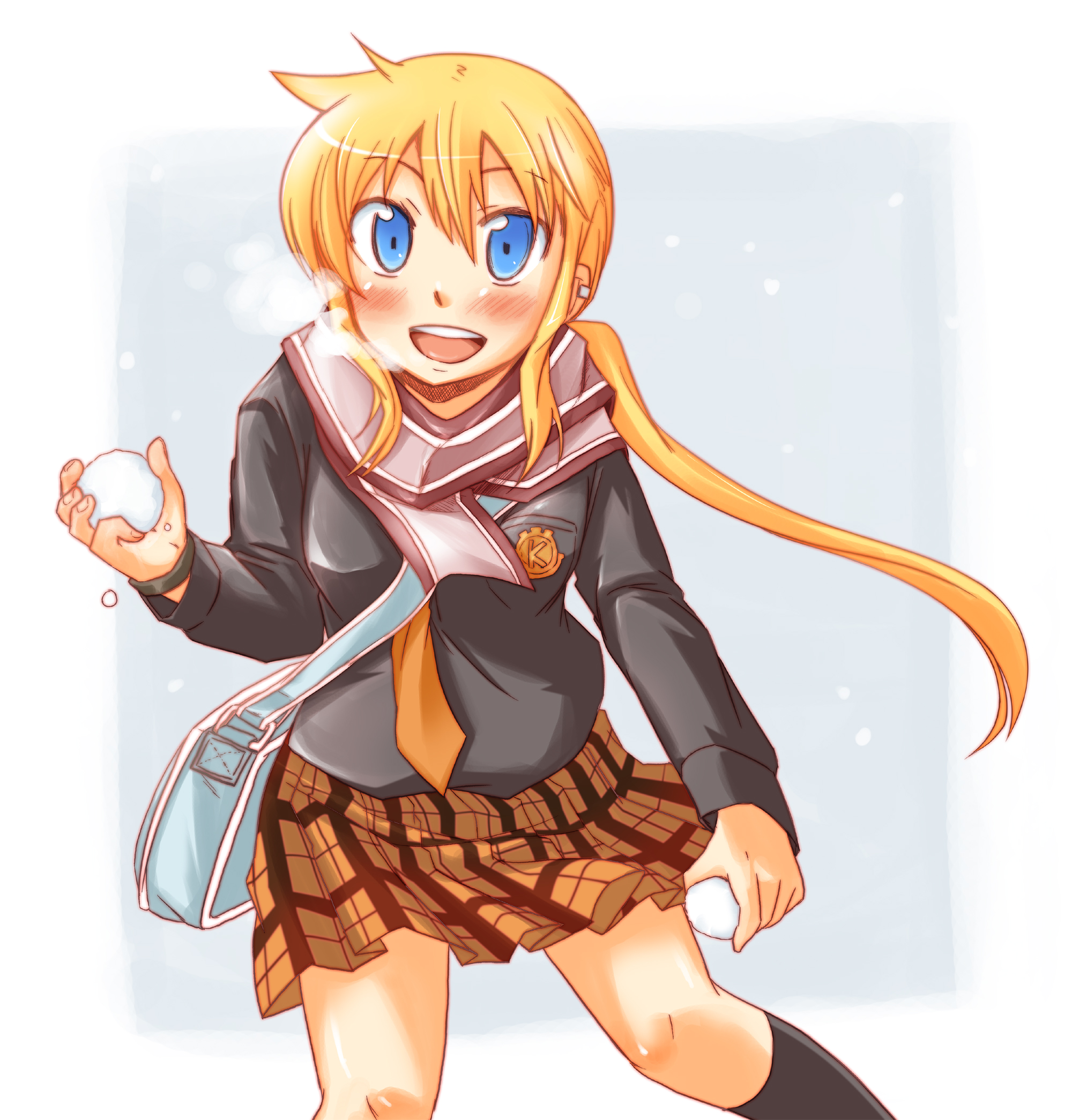 pikachi, kageyama torako, hyakko, highres, 00s, 1girl, bag, blue eyes, blush, breath, earrings, female focus, jewelry, kneehighs, looking at viewer, necktie, orange hair, plaid clothes, plaid skirt, ponytail, scarf, school uniform, skirt, snowball, socks, solo