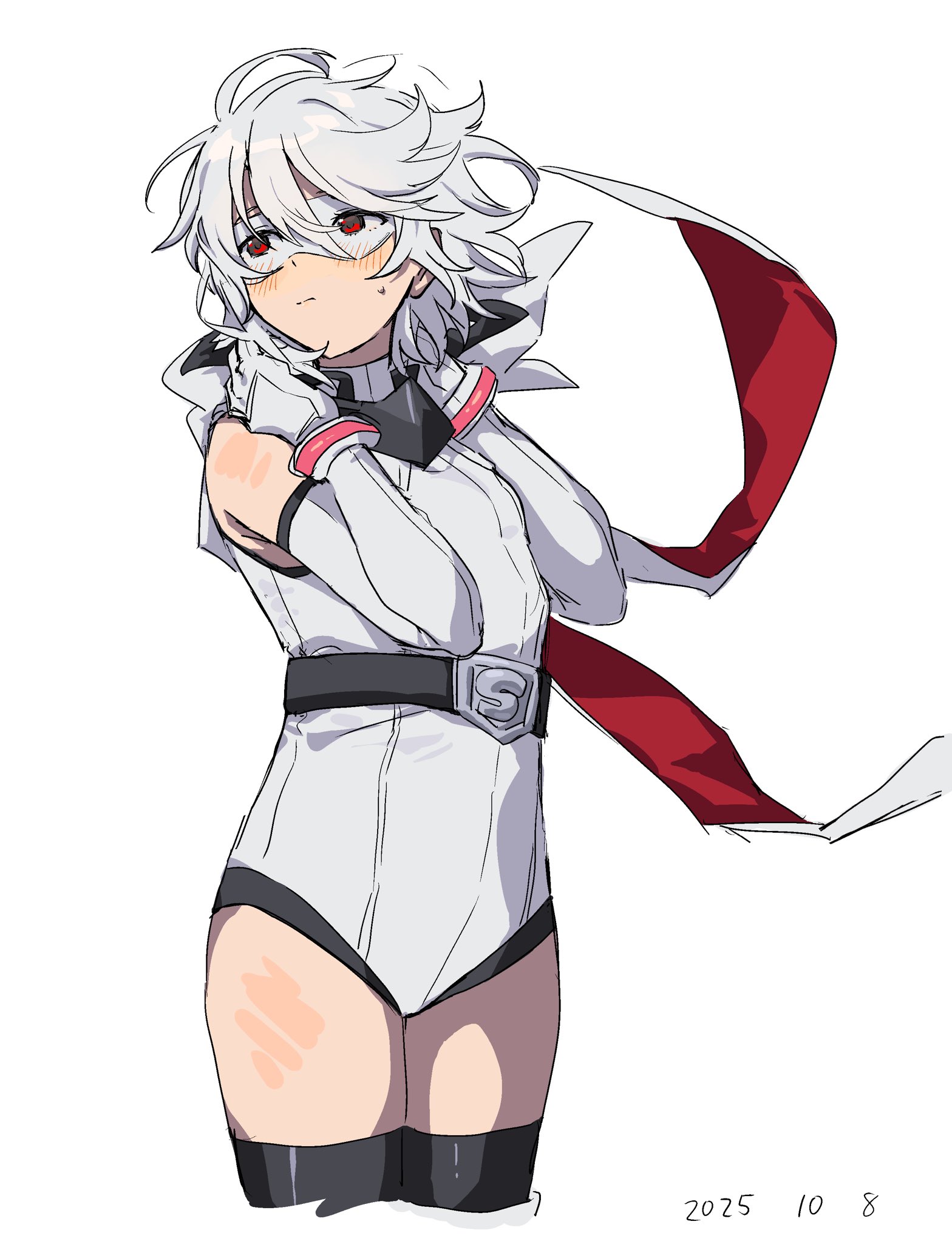 takatisakana, shy (character), shy (series), highres, 1girl, 2025, bare shoulders, belt, black belt, bracelet, elbow gloves, eye mask, gloves, heart-shift bracelets, hooded leotard, jewelry, leotard, red eyes, scarf, short hair, simple background, sleeveless, sweat, sweatdrop, white background, white gloves, white hair, white leotard