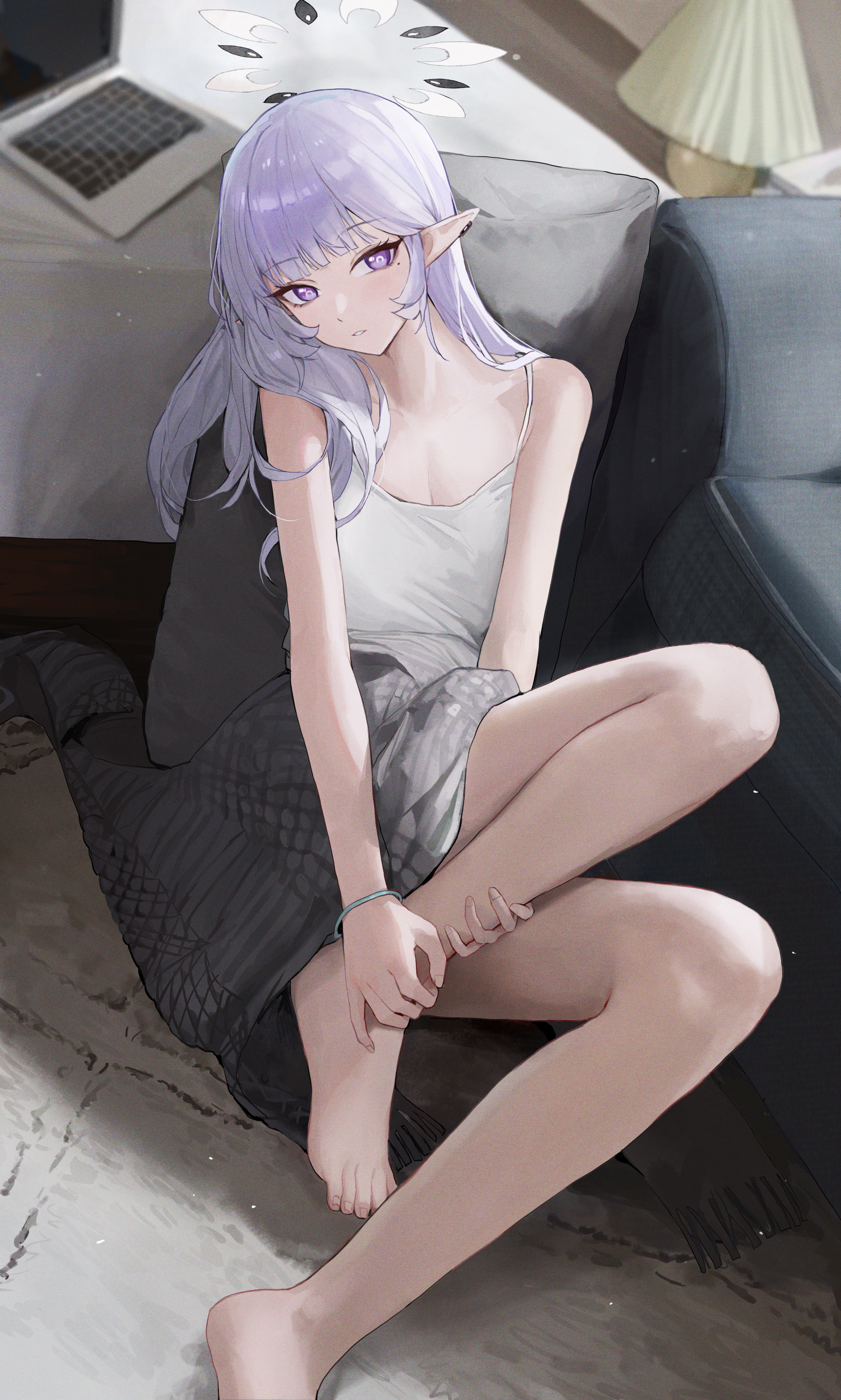 jianjia, himari (blue archive), blue archive, absurdres, highres, 1girl, alternate costume, bare legs, barefoot, breasts, camisole, computer, earclip, full body, grey hair, halo, indoors, laptop, long hair, looking at viewer, mole, mole under eye, pointy ears, purple eyes, sitting, small breasts, solo, toes, white camisole