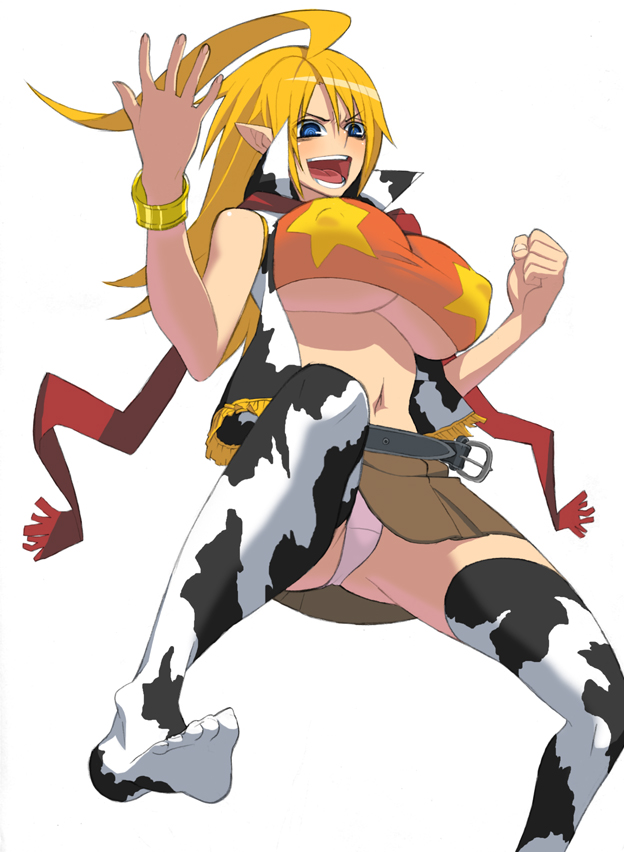 hidarikiki, original, bad id, bad pixiv id, 1girl, ahoge, animal print, blonde hair, blue eyes, breasts, covered erect nipples, cow girl, cow print, feet, female focus, from below, huge breasts, long hair, midriff, navel, panties, pantyshot, pink panties, pointy ears, solo, thighhighs, underboob, underwear, upskirt