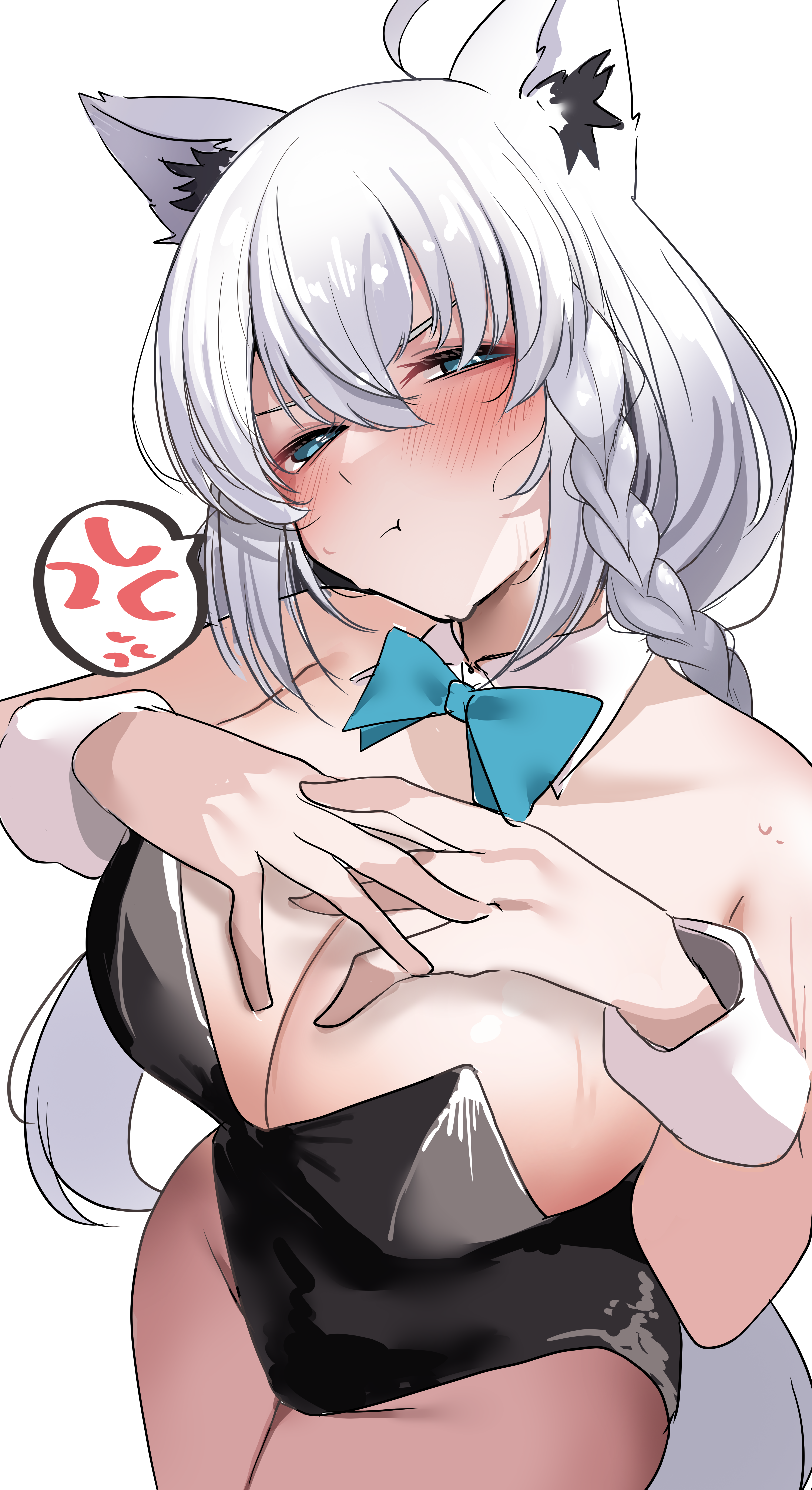 nekozane ryo, shirakami fubuki, hololive, absurdres, highres, 1girl, ahoge, alternate costume, anger vein, animal ears, black leotard, breasts, closed mouth, collar, detached collar, fox ears, fox girl, fox tail, green eyes, large breasts, leotard, long hair, looking at viewer, playboy bunny, puffy cheeks, solo, spoken anger vein, strapless, strapless leotard, tail, very long hair, virtual youtuber, white background, white collar, white hair