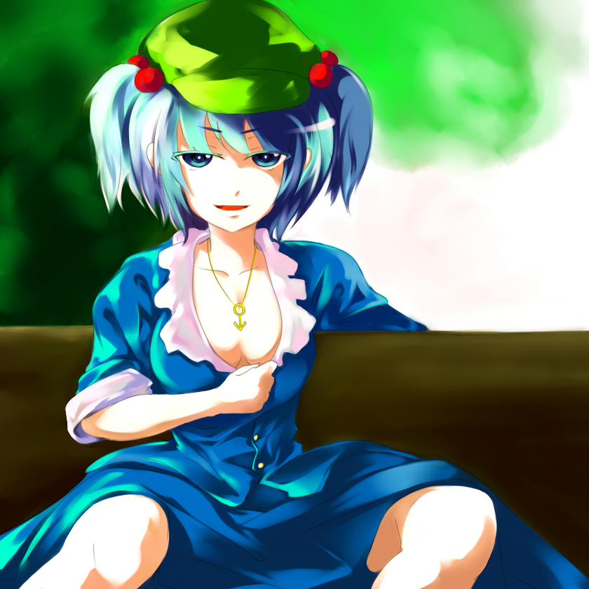 amagi xx, amaki someichi, kawashiro nitori, kuso miso technique, touhou, 1girl, bench, blue eyes, blue hair, breasts, cleavage, female focus, hair bobbles, hair ornament, hat, jewelry, matching hair/eyes, meme, necklace, parody, short hair, sitting, small breasts, solo, two side up, undressing, yaranaika