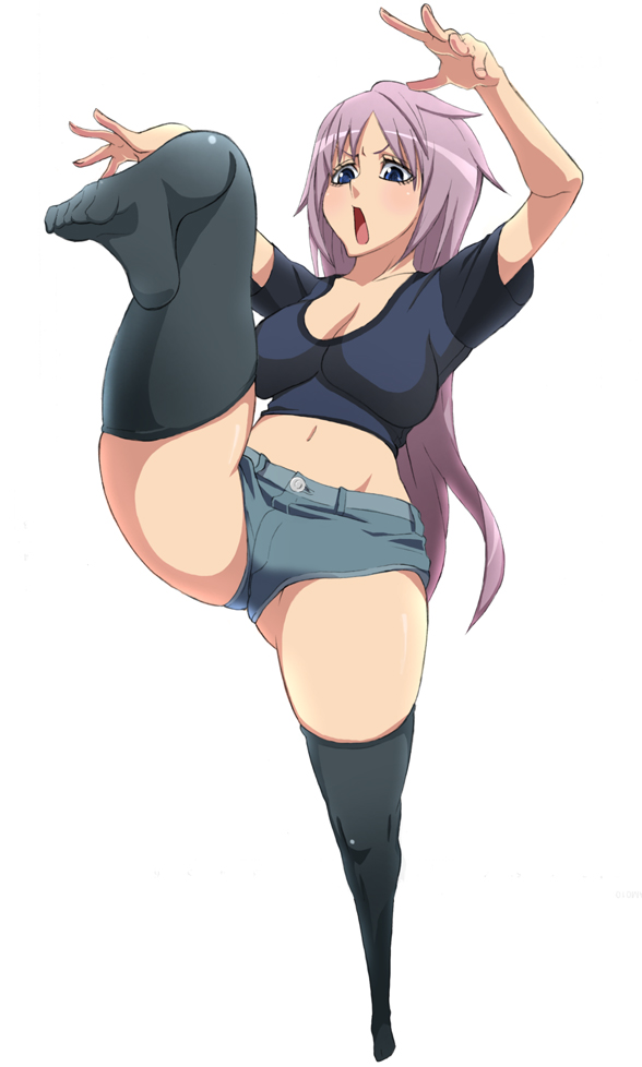 hidarikiki, original, bad id, bad pixiv id, 1girl, bad anatomy, bad feet, black thighhighs, blue eyes, breasts, cleavage, denim, feet, female focus, foreshortening, huge breasts, jeans, leg lift, leg up, legs, long hair, midriff, navel, open mouth, pants, poorly drawn, purple hair, shorts, solo, thighhighs, thighs, very long hair