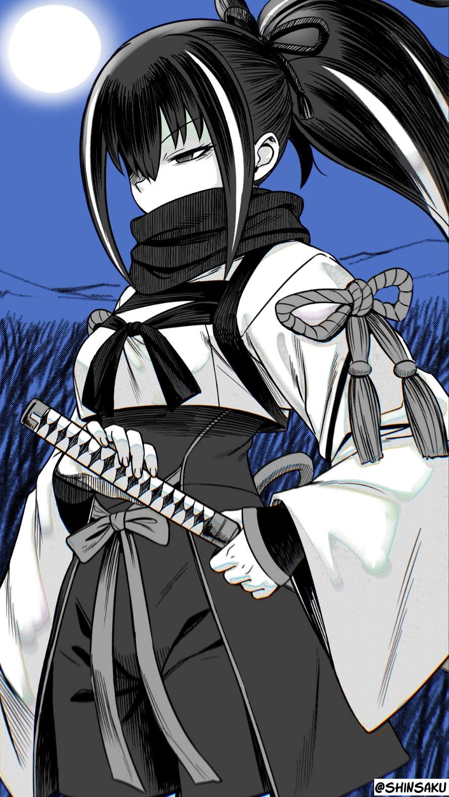 shinsaku (stan-art), kawakami gensai (fate), fate/grand order, fate (series), highres, black eyes, black hair, greyscale with colored background, holding, holding sheath, holding sword, holding weapon, japanese clothes, kawakami gensai (first ascension) (fate), long hair, monochrome, ponytail, sheath, solo, sword, weapon, white hair