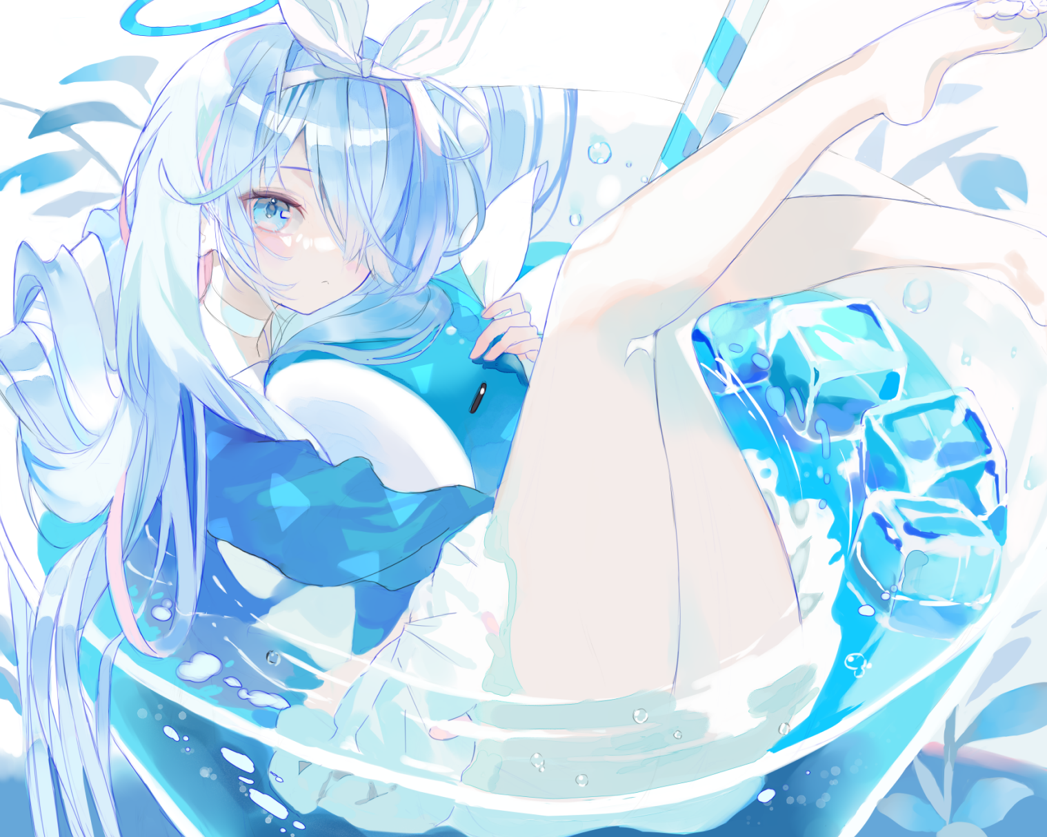 arona (blue archive), blue archive, highres, 1girl, air bubble, alternate hair length, alternate hairstyle, arched soles, bare legs, barefoot, blue eyes, blue hair, blue halo, blue shirt, blue theme, blush, bow, bow hairband, bubble, choker, closed mouth, cup, drink, drinking glass, drinking straw, expressionless, folded, foot out of frame, hair flowing over, hair over one eye, hairband, halo, hugging doll, hugging object, ice, ice cube, in container, in cup, knees together feet apart, legs up, long bangs, long hair, long sleeves, looking at viewer, marant38, miniskirt, multicolored hair, one eye covered, partially submerged, pink streaks, plantar flexion, pleated skirt, shirt, skirt, solo, streaked hair, stuffed whale, toes, traditional halo, two-tone hair, very long hair, white background, white bow, white choker, white hairband, white skirt