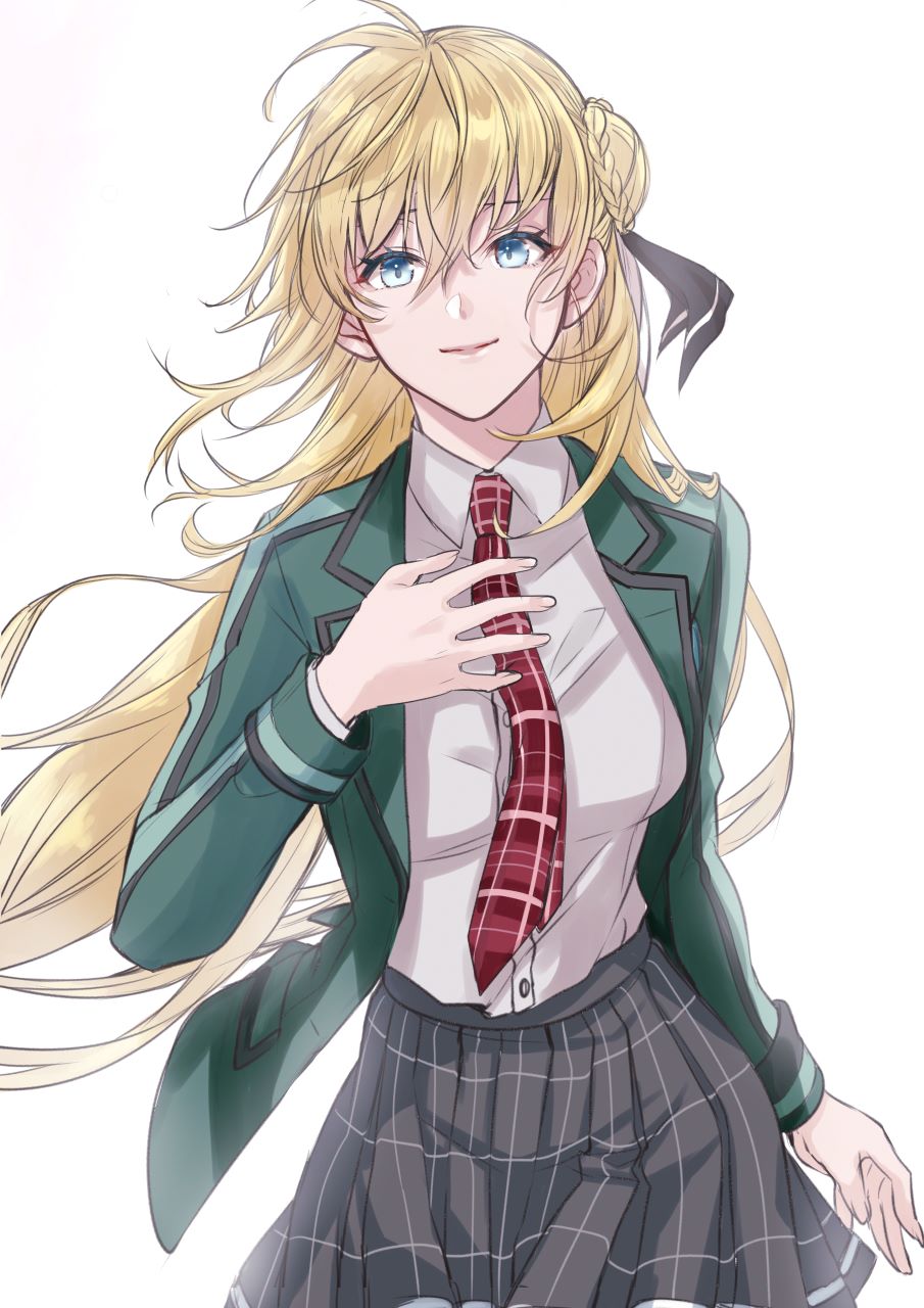 runrui kaku, agnes claudel, eiyuu densetsu, kuro no kiseki, kuro no kiseki (series), kuro no kiseki ii, highres, 1girl, blue eyes, braid, breasts, bun with braided base, closed mouth, floating hair, hair between eyes, hair bun, jacket, long hair, long sleeves, looking at viewer, medium breasts, necktie, open clothes, open jacket, red necktie, simple background, single side bun, skirt, smile, solo, upper body, white background, white hair
