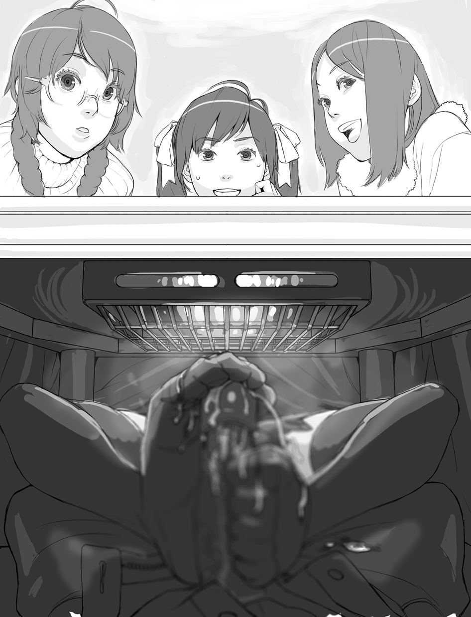 mama (mama hiro), original, bad id, bad pixiv id, highres, 1boy, 3girls, blurry, braid, cum, cum on body, cum on clothes, cum on feet, depth of field, feet, footjob, footjob with legwear, glasses, greyscale, kotatsu, long hair, monochrome, multiple girls, open mouth, penis, pov, smile, spread legs, stealth sex, table, thighhighs, twintails, uncensored, under kotatsu, under table