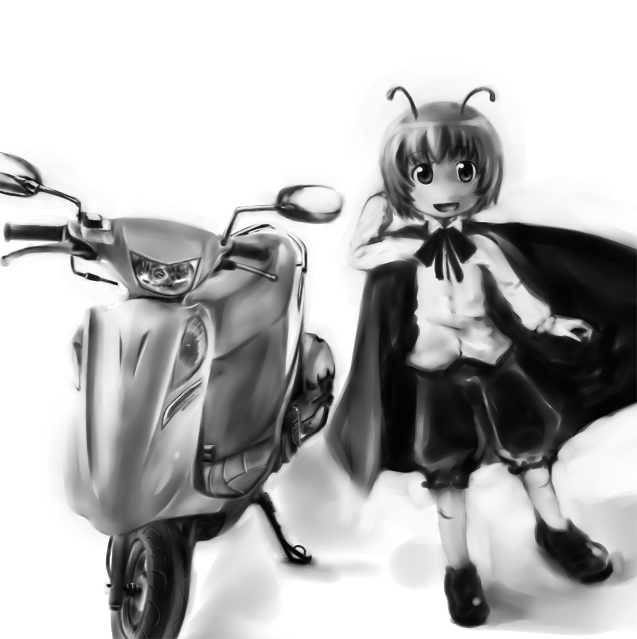 kusaba, kusaba (kusabashiki), wriggle nightbug, touhou, vehicle, 1girl, antennae, cape, female focus, greyscale, monochrome, motor vehicle, motorcycle, open mouth, scooter, simple background, solo