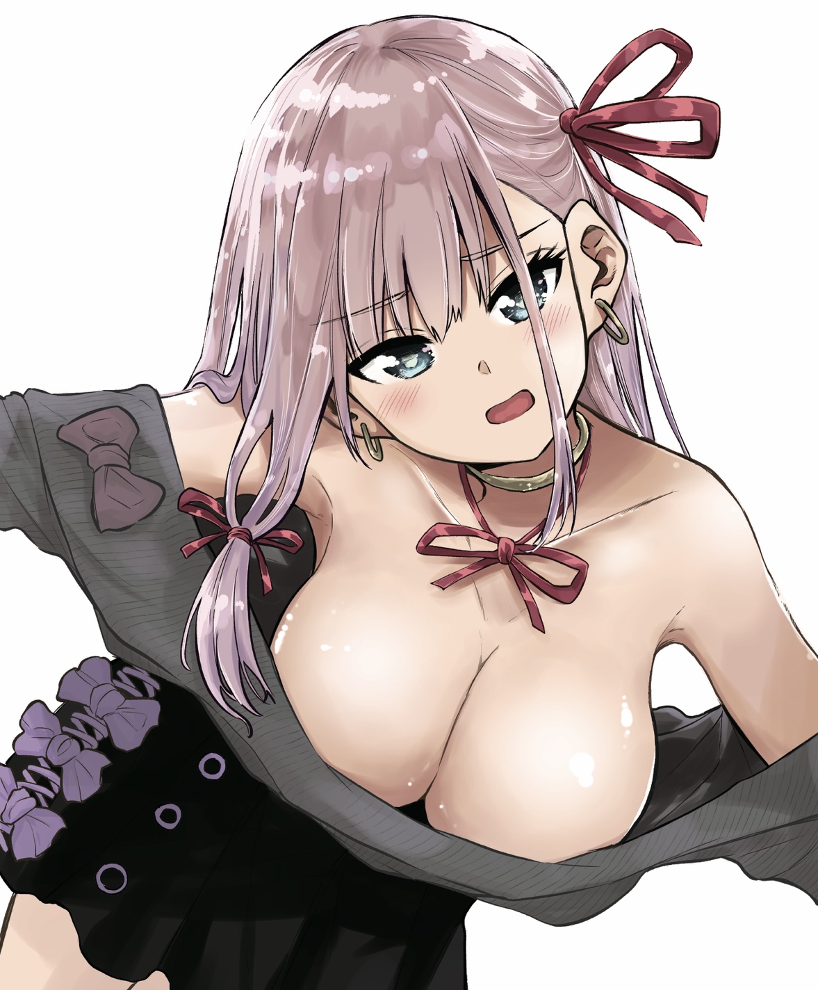 nyankosisyou, original, commentary request, highres, 1girl, armpits, black skirt, blush, bow, bow skirt, breasts, choker, cleavage, cowboy shot, earrings, grey bow, grey eyes, grey hair, grey sweater, hair ribbon, hoop earrings, jewelry, large breasts, long hair, long sidelocks, low-tied sidelocks, neck ribbon, no bra, off-shoulder sweater, off shoulder, open mouth, purple bow, red ribbon, ribbon, sidelocks, simple background, skirt, solo, standing, straight hair, sweater, white background, wispy bangs