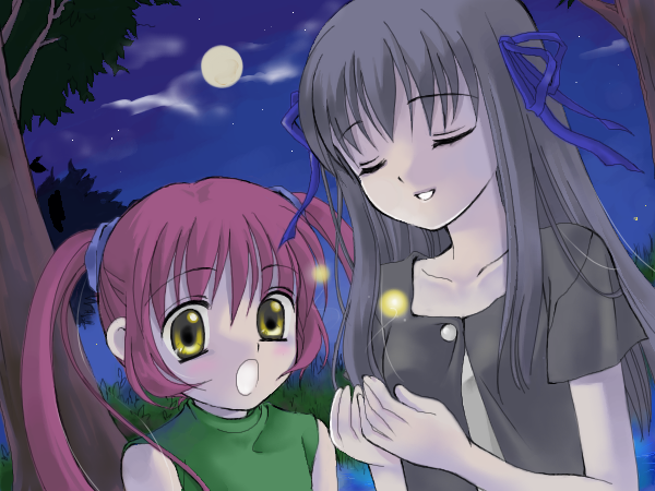 michiru (air), toono minagi, air (visual novel), 00s, 2girls, bug, fireflies, firefly, insect, moon, multiple girls, night, oekaki, red hair, ribbon, twintails
