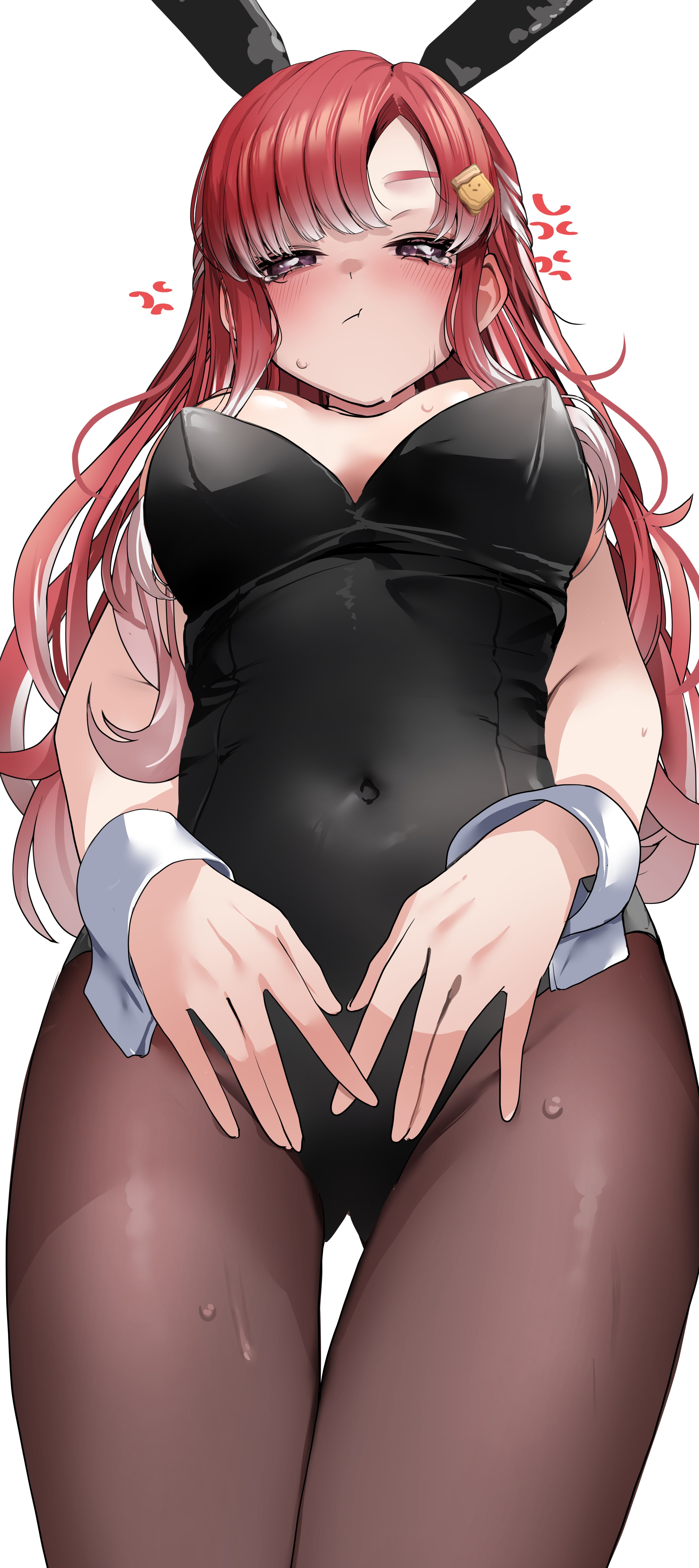 nekozane ryo, saotome berry, nijisanji, absurdres, commentary, highres, 1girl, alternate costume, animal ears, black leotard, black pantyhose, breasts, detached collar, fake animal ears, hair ornament, hairpin, leotard, long hair, looking at viewer, medium breasts, pantyhose, playboy bunny, puffy cheeks, rabbit ears, red eyes, red hair, solo, strapless, strapless leotard, tears, virtual youtuber, white background, white wrist cuffs, wrist cuffs