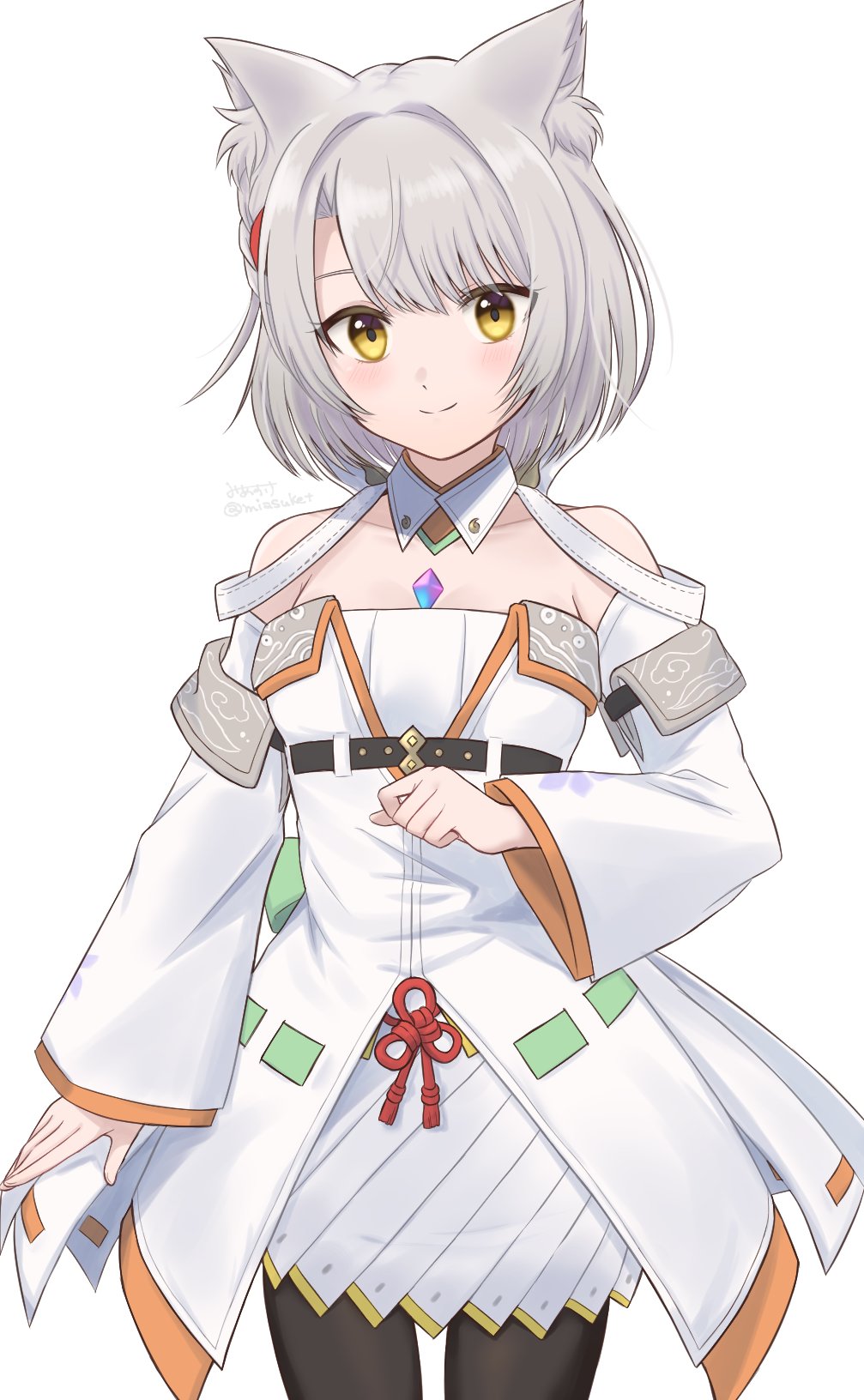 miasuke, mio (xenoblade), xenoblade chronicles (series), xenoblade chronicles 3, commentary request, highres, 1girl, animal ear fluff, animal ears, asymmetrical bangs, blush, cat ears, cat girl, closed mouth, collarbone, looking at viewer, medium hair, orange trim, pantyhose, parted bangs, simple background, skirt, smile, solo, white background, white skirt, yellow eyes