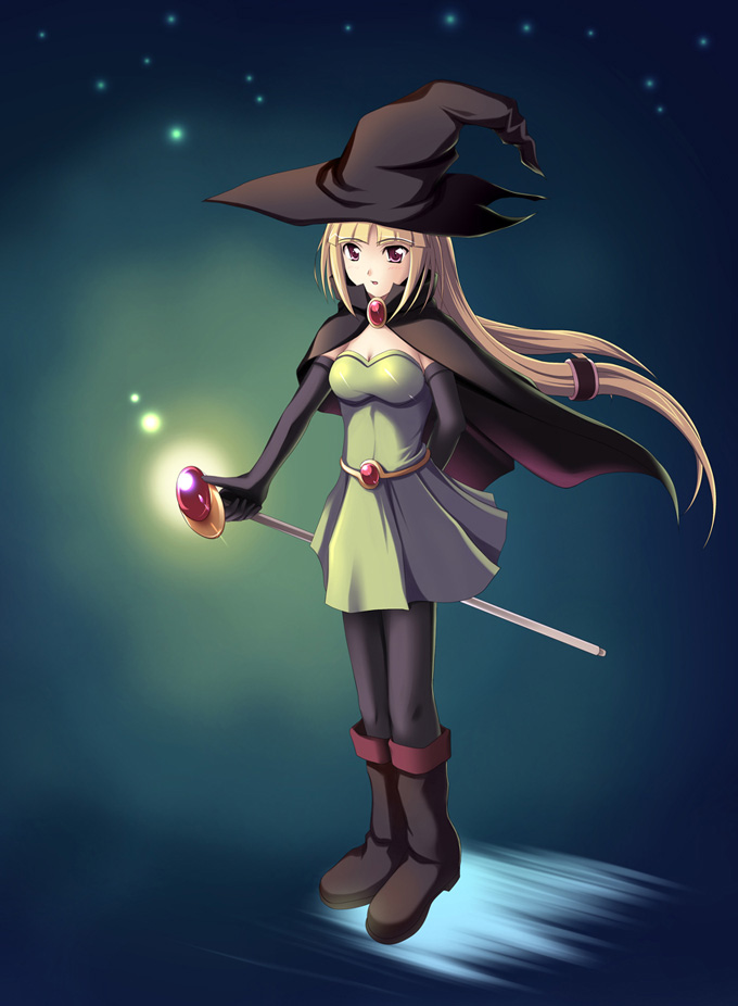 iga (nonono tsuushin), koyasugai, mage (dq3), sage (dq3), chunsoft, dragon quest, dragon quest iii, enix, bad id, bad pixiv id, 1girl, blonde hair, female focus, hat, pantyhose, red eyes, solo, staff