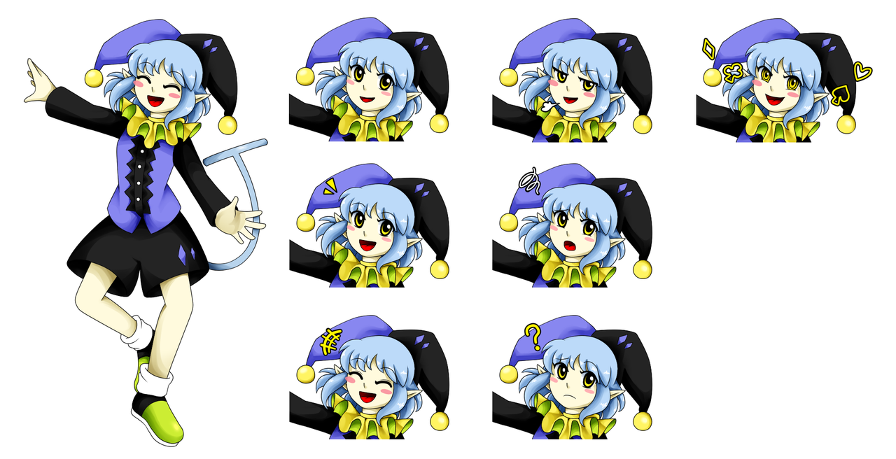 aimturein, jevil, deltarune, utdr (toby fox), bad id, bad tumblr id, 1girl, :d, :o, ?, black hat, black shorts, blue hair, blush stickers, buttons, clover, confused, diamond (shape), genderswap, genderswap (mtf), green shoes, happy, hat, heart, jester cap, laughing, multicolored hat, multiple expressions, neck ruff, open mouth, pointy ears, pom pom (clothes), purple hat, purple vest, ringed eyes, shoes, shorts, smile, smug, spade (shape), tail, vest, yellow eyes, zun (style)