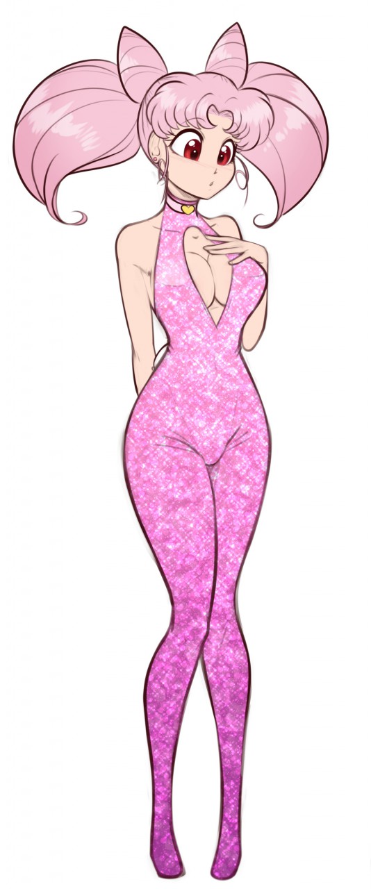 scorpdk, chibi usa, bishoujo senshi sailor moon, commentary, english commentary, highres, 1girl, aged up, breasts, choker, cleavage, cleavage cutout, clothing cutout, collarbone, cone hair bun, double bun, hair bun, heart, heart choker, jewelry, medium hair, parted bangs, pink choker, pink hair, pink unitard, red eyes, solo, twintails