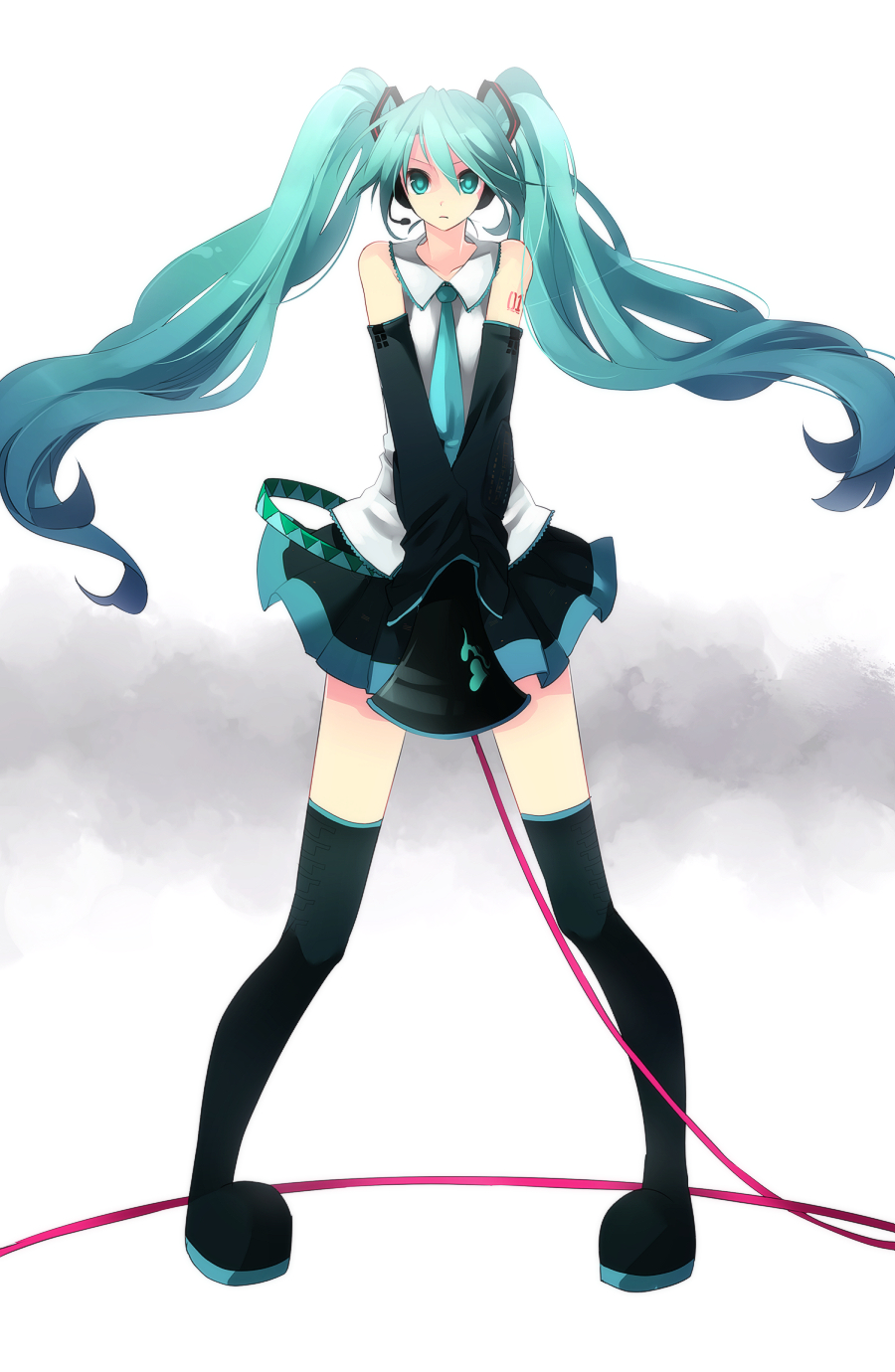 hijiri (resetter), hiz (pixiv), hatsune miku, koi wa sensou (vocaloid), vocaloid, bad id, bad pixiv id, highres, 1girl, aqua eyes, aqua hair, detached sleeves, female focus, headset, legs, long hair, megaphone, necktie, skirt, solo, thighhighs, twintails, very long hair