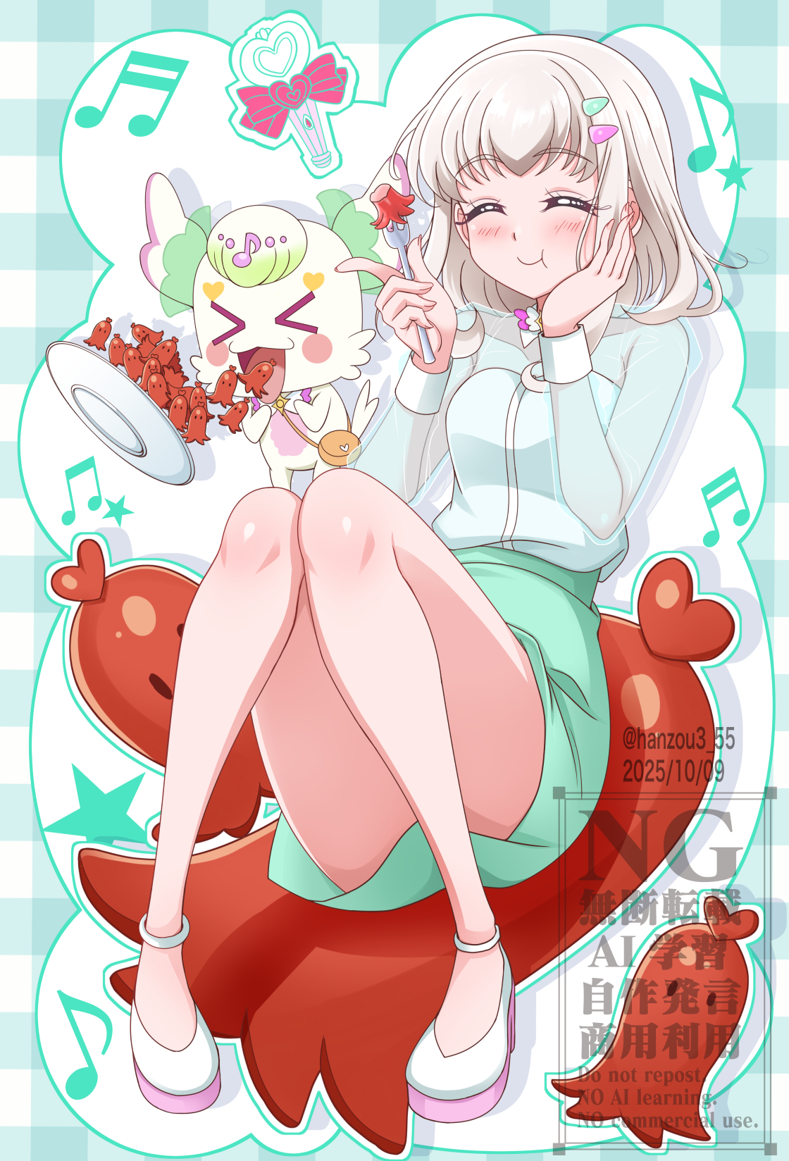 hanzou, purirun (precure), kimi to idol precure, precure, highres, 1girl, bare legs, between legs, blonde hair, blunt bangs, blush, closed eyes, closed mouth, diagonal-striped background, eating, finger gun, food, fork, full body, gingham background, green shirt, hair ornament, hairpin, hand on own face, heart stick, holding, holding fork, idol, lightstick, loafers, long sleeves, mature female, miniskirt, musical note, octopus sausage earrings, purirun (civilian) (precure), purirun (fairy) (precure), sausage, see-through clothes, see-through shirt, see-through sleeves, shirt, shoes, sitting on food, skirt, solo, striped background, stuffed animal, stuffed toy, twitter username, watermark