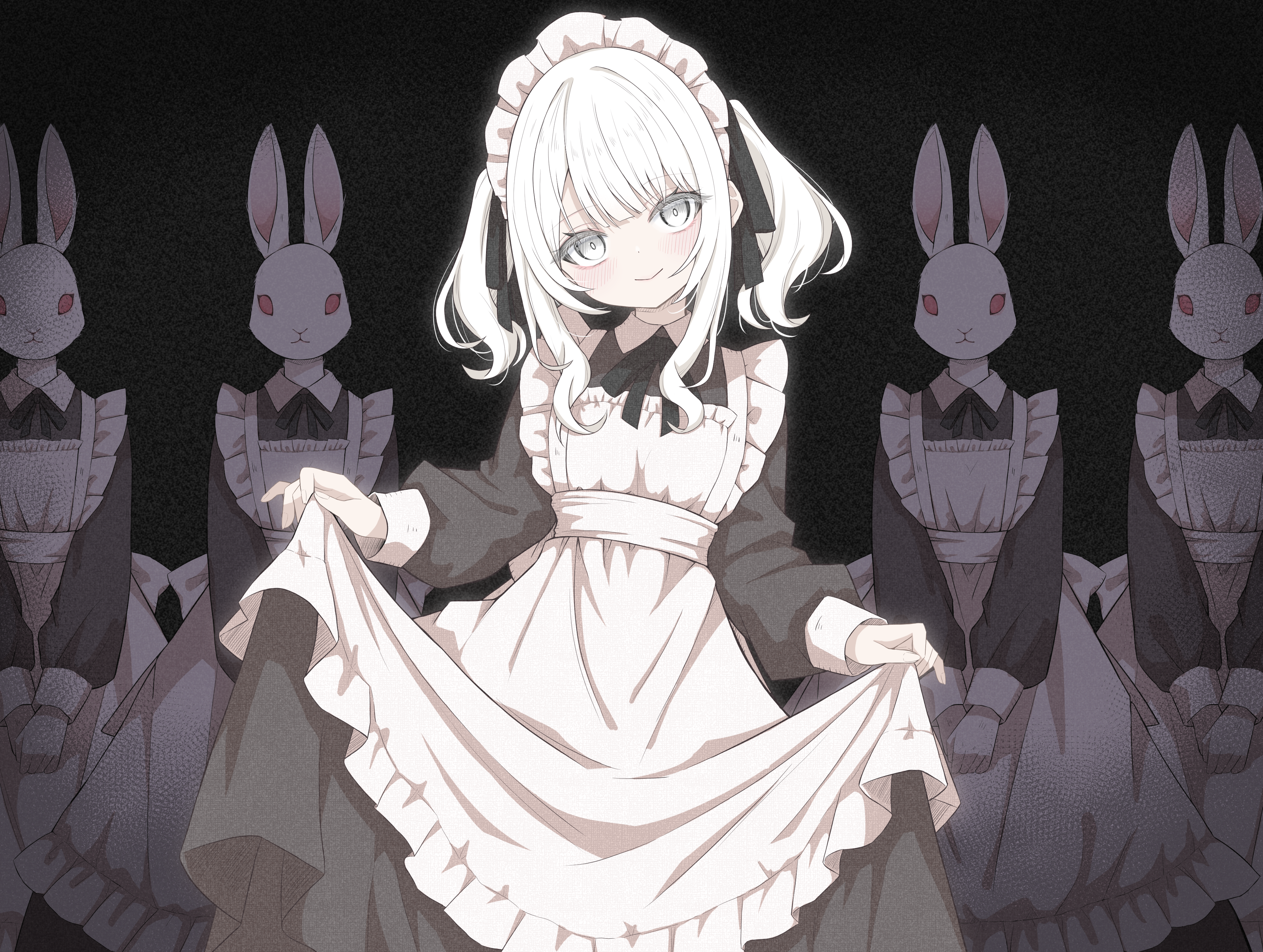mamiro, original, absurdres, commentary, highres, 1girl, 4others, apron, black background, black bow, black bowtie, black dress, blush, bow, bowtie, cowboy shot, dress, frilled apron, frills, grey eyes, head tilt, long sleeves, looking at viewer, maid, maid headdress, multiple others, rabbit head, short hair, short twintails, sidelocks, simple background, skirt hold, smile, twintails, white apron, white hair