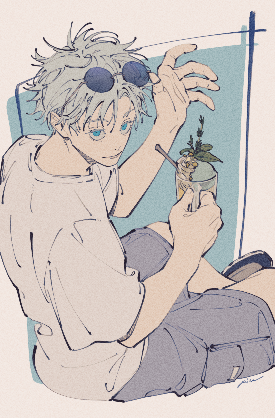 mim (mimya0600), gojou satoru, jujutsu kaisen, commentary, highres, 1boy, 1girl, blue eyes, eyewear on head, round eyewear, shirt, short hair, short sleeves, solo, white hair, white shirt