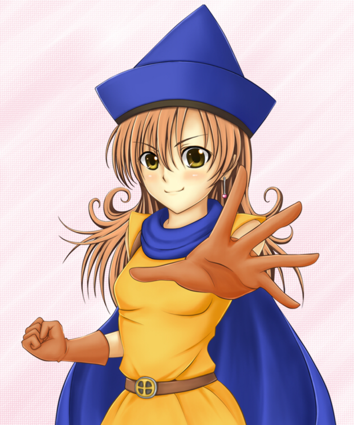 ark-royal, alena (dq4), chunsoft, dragon quest, dragon quest iv, enix, belt, brown eyes, cape, dress, earrings, gloves, hat, jewelry, orange hair, red hair, smile, solo, yellow eyes