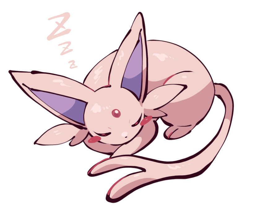 yumeminoideyu2, espeon, nintendo, pokemon, animal focus, animal hands, blush stickers, closed eyes, curled up, forehead jewel, forked tail, full body, gem, gen 2 pokemon, no humans, pokemon (creature), pokemon focus, purple fur, red gemstone, simple background, sleeping, solo, tail, white background, zzz