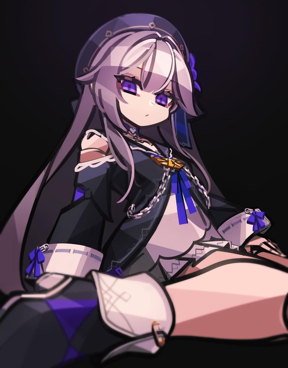 makaroll, herta (honkai: star rail), honkai: star rail, honkai (series), highres, 1girl, :/, beret, black background, black coat, blue ribbon, closed mouth, clothing cutout, coat, doll joints, dot mouth, dress, expressionless, grey hair, hair intakes, hat, joints, long hair, long sleeves, looking at viewer, on ground, purple eyes, purple hat, ribbon, shoulder cutout, simple background, sitting, solo, very long hair, wariza, white dress
