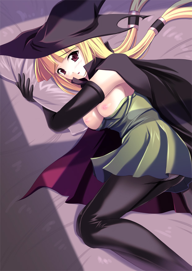 iga (nonono tsuushin), koyasugai, mage (dq3), chunsoft, dragon quest, dragon quest iii, enix, bad id, bad pixiv id, 1girl, blonde hair, blush, breasts, cape, female focus, hat, nipples, panties, panties under pantyhose, pantyhose, red eyes, solo, underwear