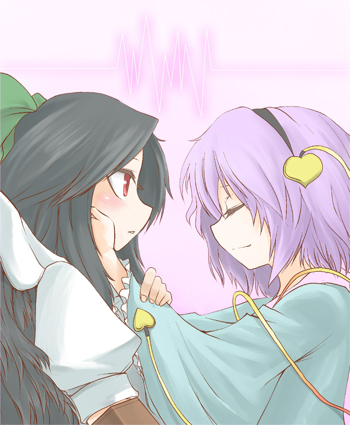 hane (hanegoya), komeiji satori, reiuji utsuho, touhou, 2girls, black hair, blush, closed eyes, female focus, from side, hairband, heart, long sleeves, multiple girls, red eyes, string, upper body, yuri