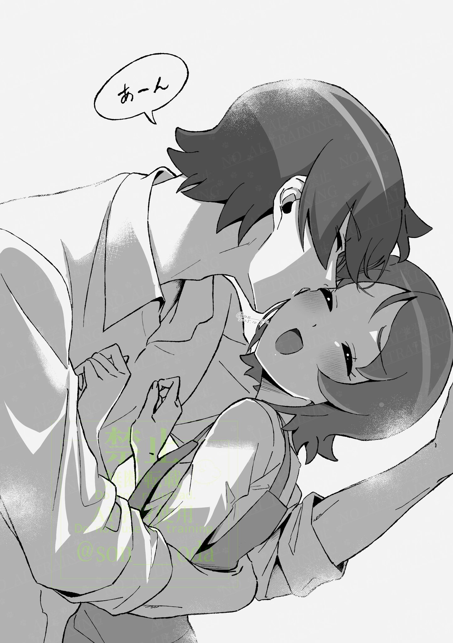 wasa7subi, oomori yuuko, phantom (happinesscharge precure!), happinesscharge precure!, precure, highres, 1boy, 1girl, bob cut, closed eyes, couple, eyelashes, flirting, greyscale, hand on another's back, hand on another's chest, hand on wall, hug, kabedon, licking, licking another's cheek, licking another's face, long sleeves, mature male, monochrome, neck, open mouth, parted bangs, profile, shirt, short hair, smile, speech bubble, suspenders, thick eyelashes, twitter username, watermark, white shirt