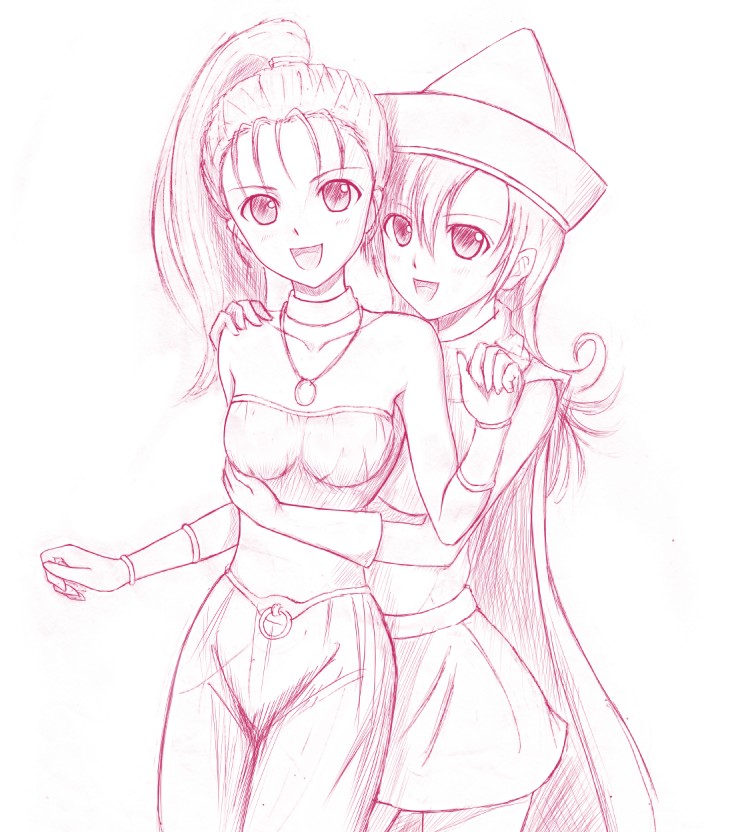 ark-royal, alena (dq4), marle (chrono trigger), chrono (series), chrono trigger, chunsoft, dragon quest, dragon quest iv, enix, 1990s (style), 2girls, bare shoulders, breasts, cape, crossover, hat, hug, monochrome, multiple girls, pink theme, ponytail, sketch, small breasts