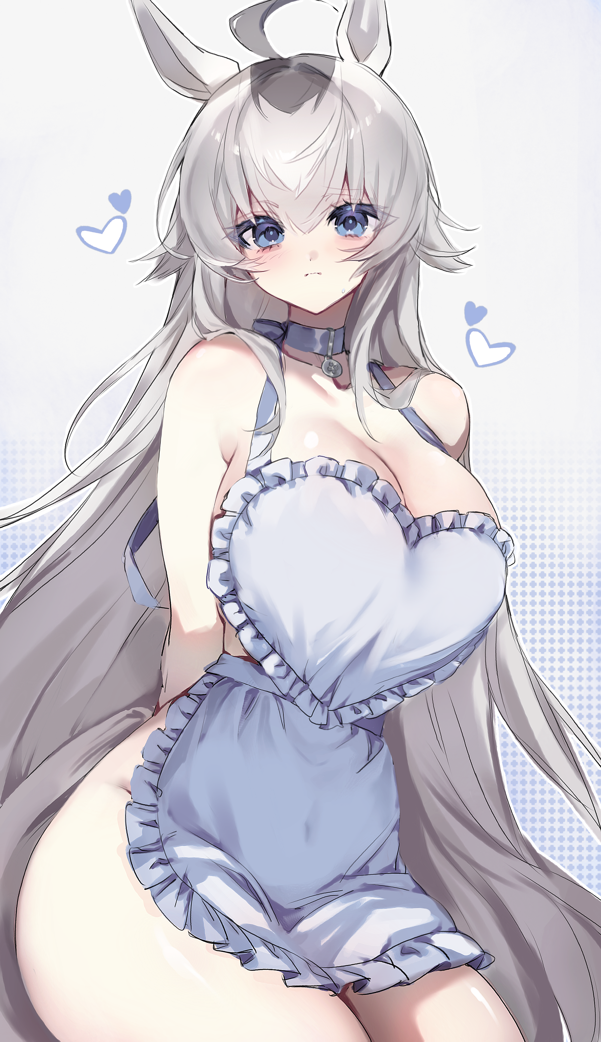 tuwu (user yvte3782), oguri cap (umamusume), umamusume, umamusume: cinderella gray, absurdres, commentary, highres, 1girl, ahoge, animal ears, apron, arms behind back, blue eyes, breasts, cleavage, closed mouth, frilled apron, frills, grey hair, grey streaks, hair between eyes, hair flaps, heart, horse ears, horse girl, horse tail, large breasts, long hair, looking at viewer, naked apron, simple background, solo, sweat, tail, thick thighs, thighs, white apron, white background