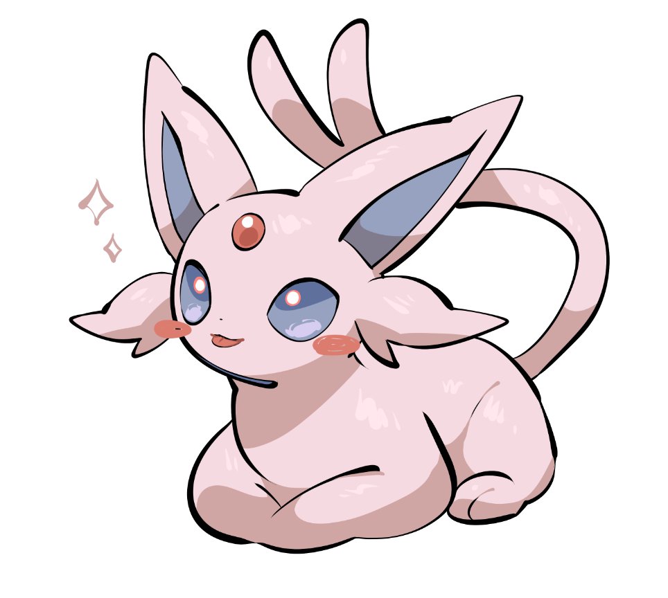 yumeminoideyu2, espeon, nintendo, pokemon, :p, animal focus, animal hands, blush stickers, cat loaf, forehead jewel, forked tail, full body, gem, gen 2 pokemon, looking at viewer, lying, no humans, pokemon (creature), pokemon focus, purple eyes, purple fur, red gemstone, simple background, solo, tail, tongue, tongue out, white background