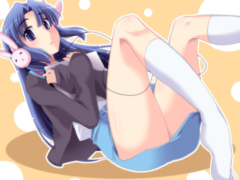 nagami yuu, asakura ryoko, suzumiya haruhi no yuuutsu, 00s, 1girl, blue eyes, blue hair, bunny headphones, female focus, headphones, kneehighs, long hair, matching hair/eyes, school uniform, serafuku, skirt, socks, solo
