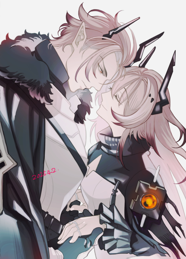 nishi juuji, theresa (arknights), theresis (arknights), arknights, commentary, 1boy, 1girl, armor, black cape, black shrug, brother and sister, cape, colored tips, dated, dress, frown, fur-trimmed cape, fur trim, holding hands, horns, jewelry, long hair, looking at another, multicolored hair, multiple rings, pink eyes, pink hair, pointy ears, ring, short hair, shrug (clothing), siblings, sidelocks, simple background, smile, upper body, white background, white dress