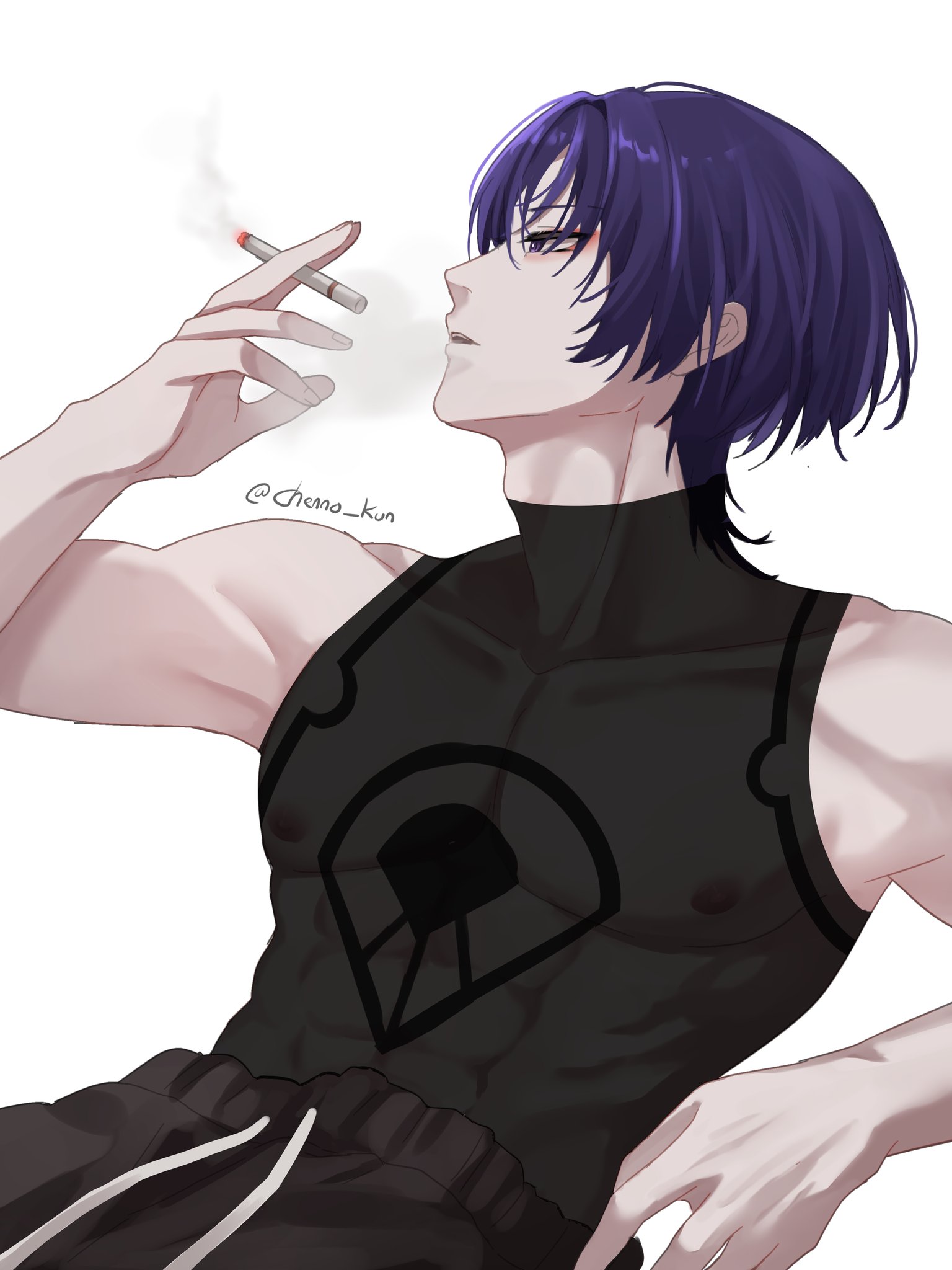 scaramouche (genshin impact), wanderer (genshin impact), genshin impact, highres, 1boy, black pants, black shirt, blunt ends, chenno kun, cigarette, holding, holding cigarette, male focus, pants, purple eyes, purple hair, shirt, short hair, solo, white background