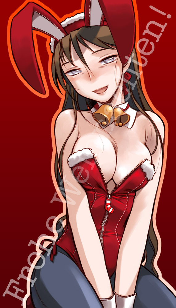 nakamura tetsuya, bad id, bad pixiv id, 1girl, animal ears, bare shoulders, breasts, brown hair, christmas, fake animal ears, female focus, large breasts, long hair, pantyhose, playboy bunny, rabbit ears, santa costume, solo, unzipped