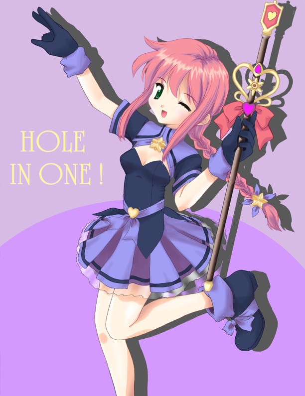 hana, kitagawa mikio, hana (pangya), pangya, bad id, bad pixiv id, 1girl, female focus, gloves, green eyes, long hair, one eye closed, pink hair, ponytail, ribbon, smile, solo, wink