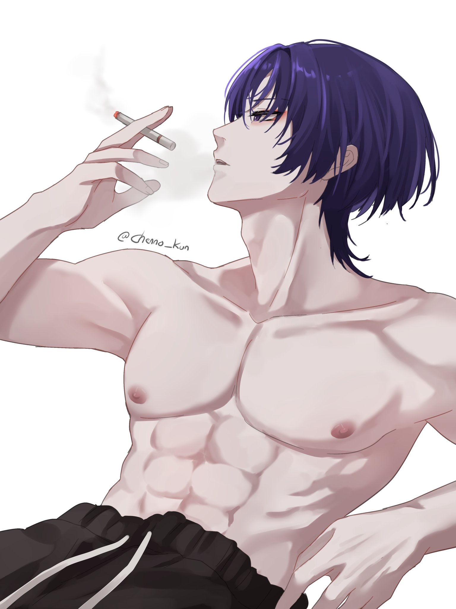 scaramouche (genshin impact), wanderer (genshin impact), genshin impact, highres, 1boy, black pants, blunt ends, chenno kun, cigarette, holding, holding cigarette, male focus, muscular, muscular male, nipples, pants, purple eyes, purple hair, short hair, solo, topless male, white background